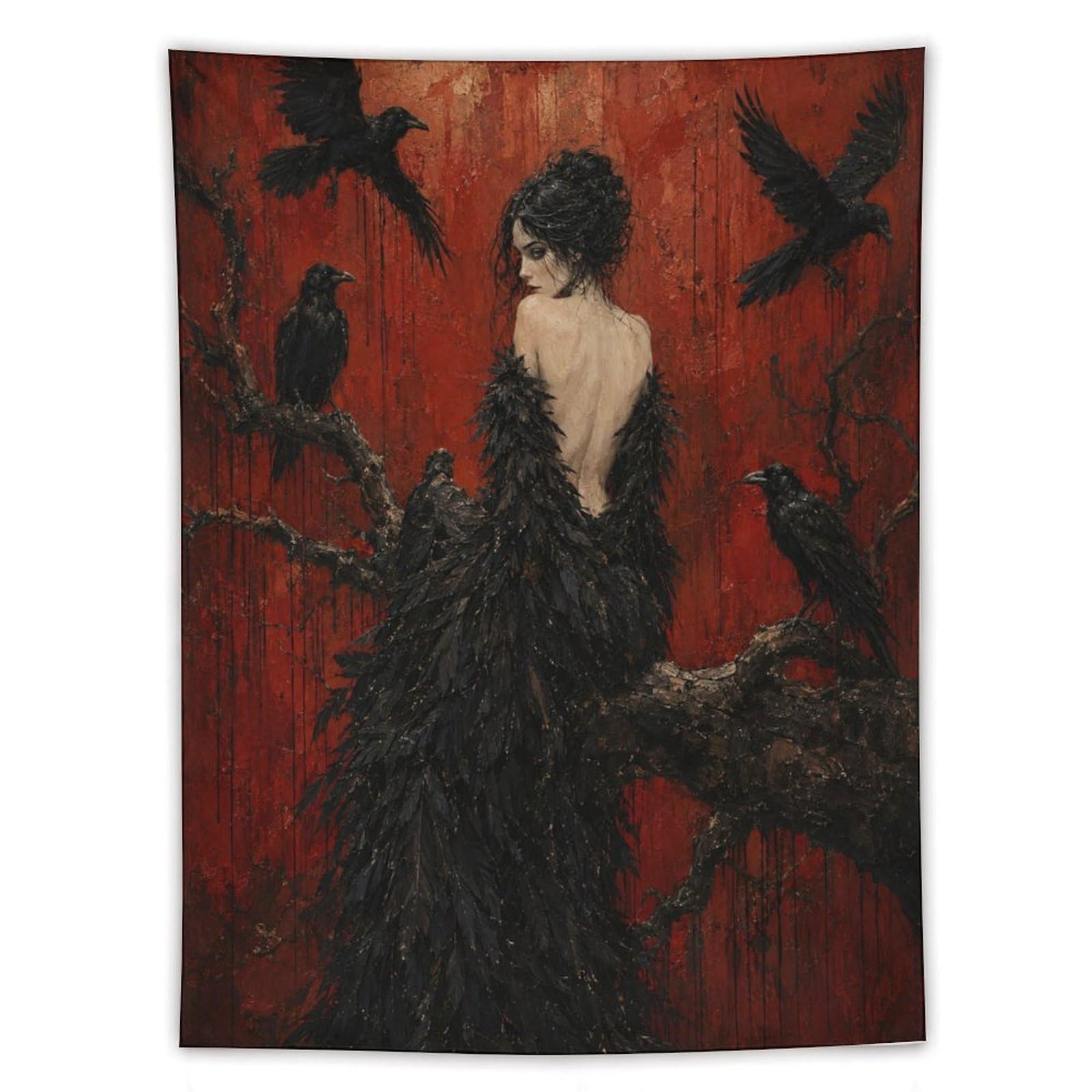 W7C8U2X3 Raven Woman Surrounded by Crows Wall Tapestry, Reading Corner