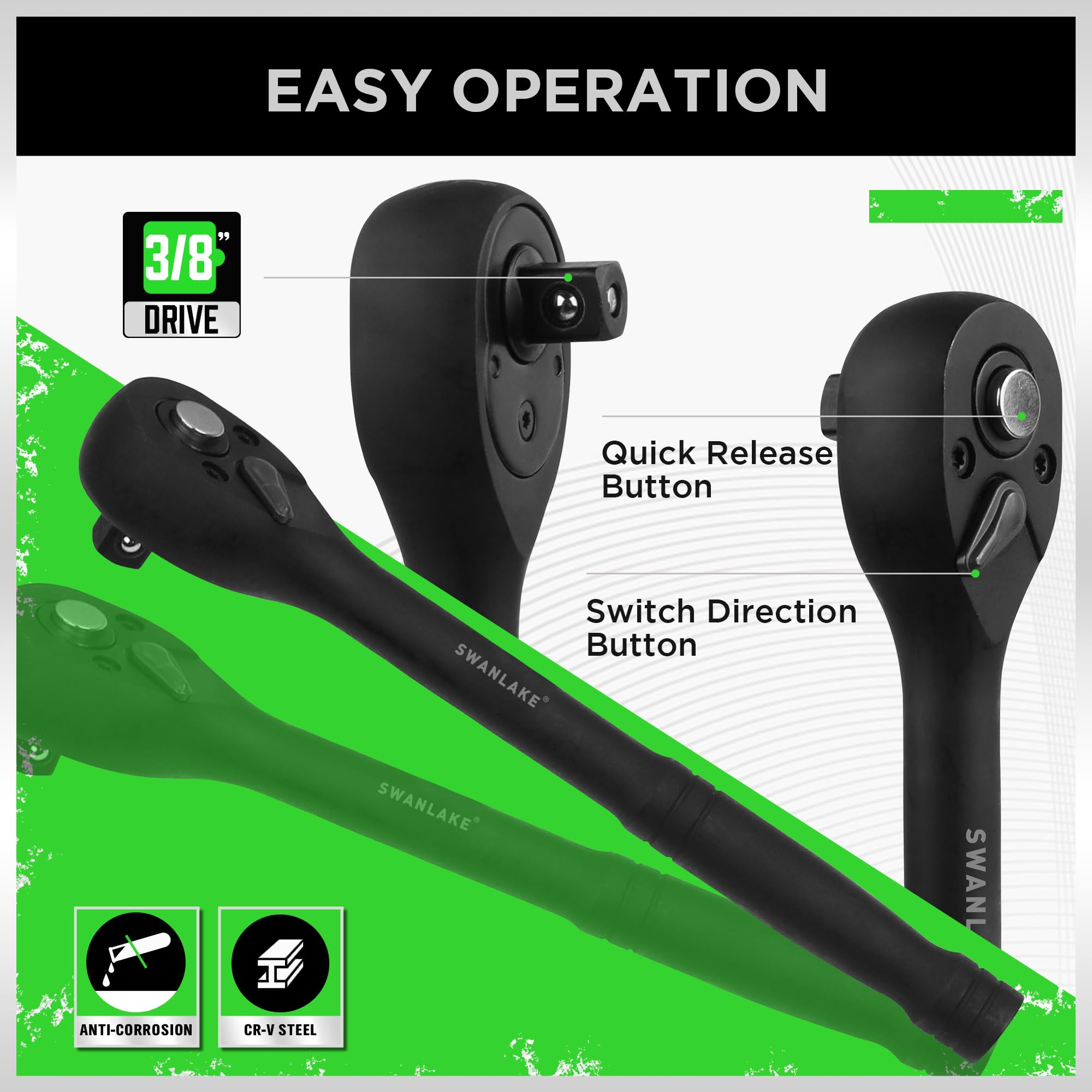SWANLAKE - Set di chiavi a bussola da 3/8", 50 pezzi, standard SAE (5/16 a 3/4") e metriche (8-22 mm), 6 punti, Cr-V, impugnatura a cricchetto da 3/8", barra di estensione, giunto universale