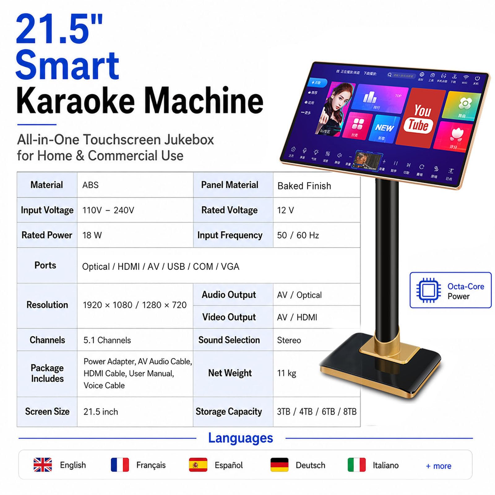 Macchina per Karaoke con Schermo Touchscreen da 21,5 Pollici, 2 Microfoni Wireless, Ricerca Vocale di Brani Tramite Ia, Dsp Integrato, Controllo Tramite App Wi-Fi, 3 TB, 4 TB, 6TB
