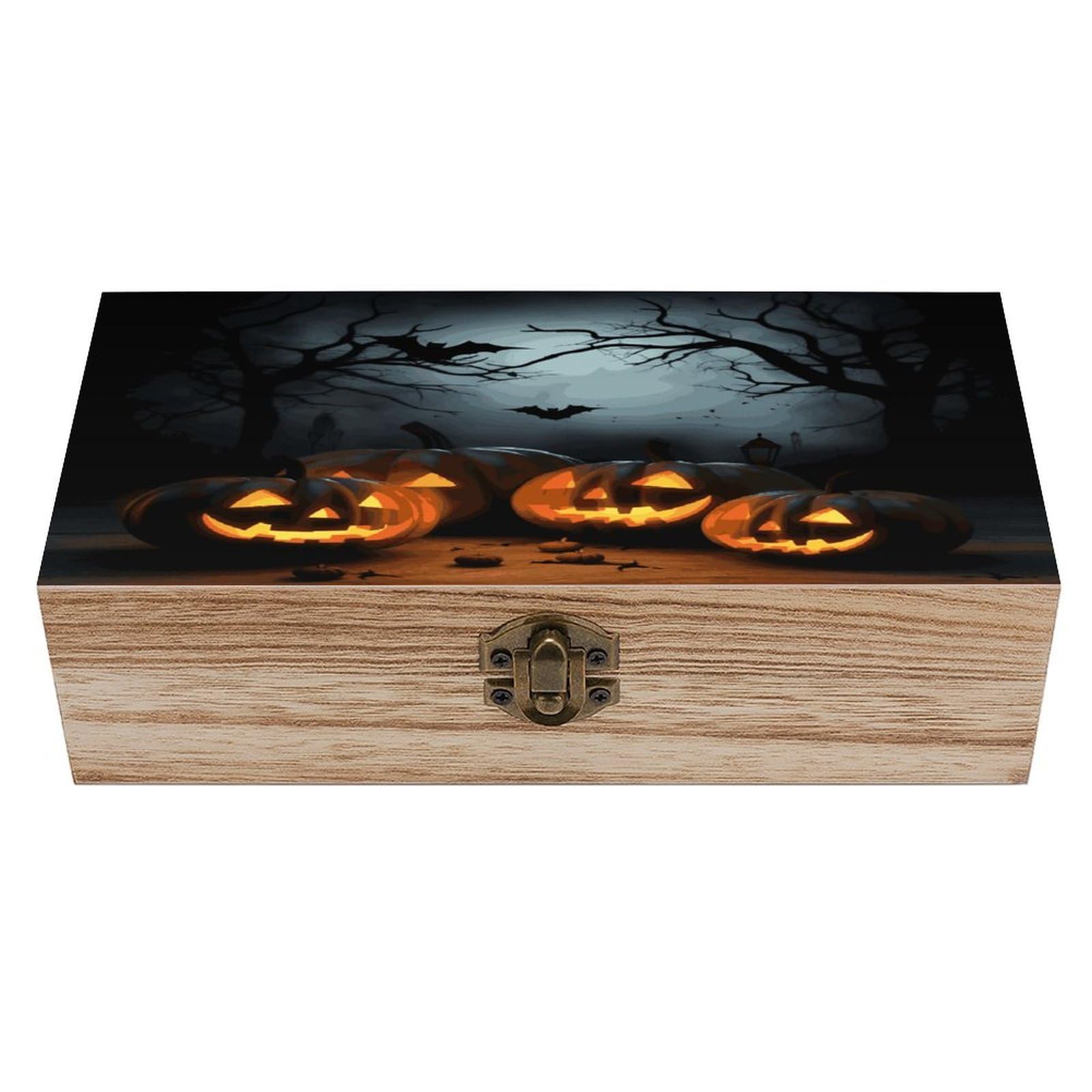 Btcowzrv Style Halloween With Pumpkins Wooden Storage Box, Keepsake Box With Hinged And Retro Lock, Wood Jewelry Organizer For Photos & Mementos And Home Decor