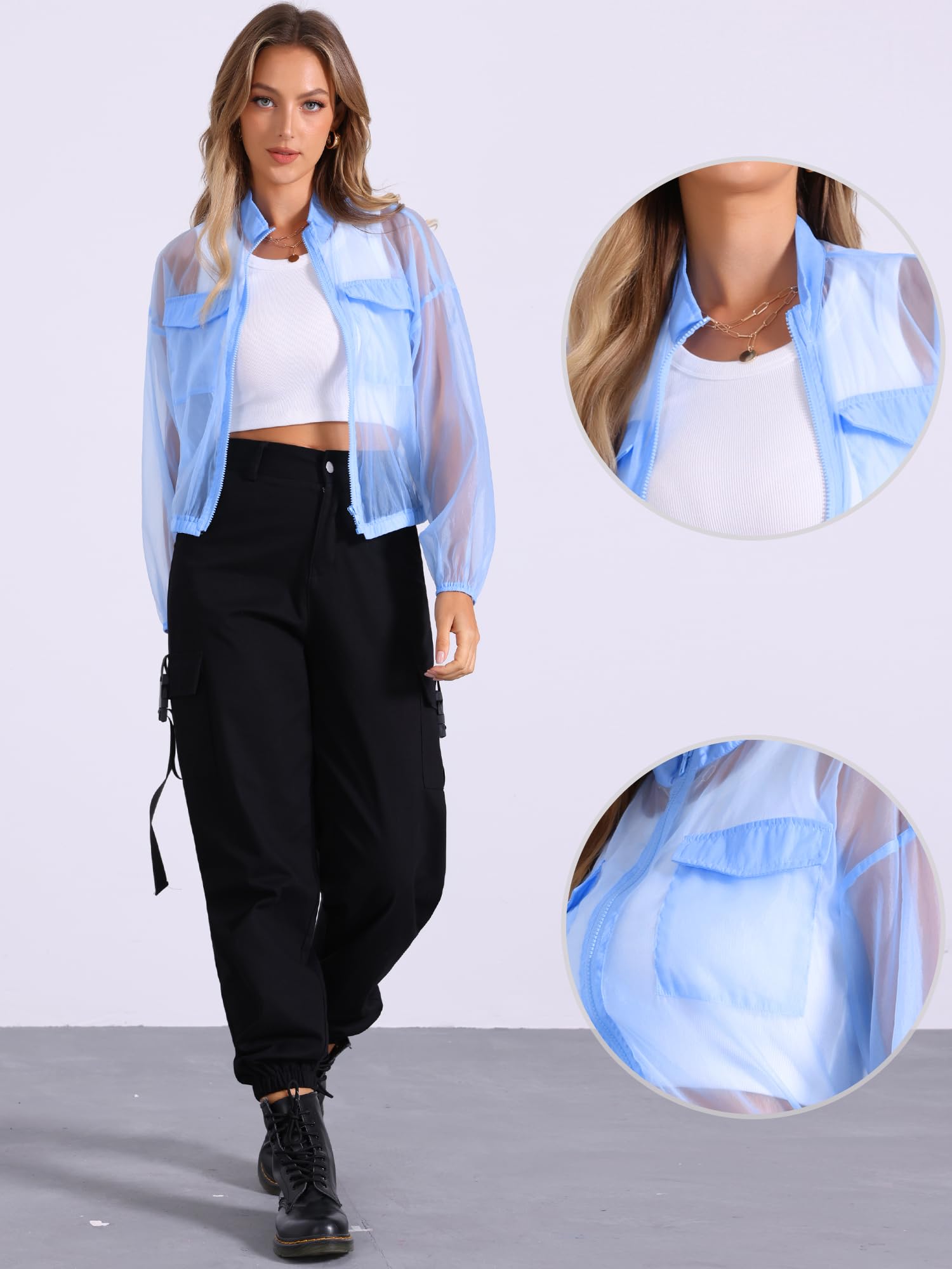 Allegra K Veste bomber transparente Femme Blouson à manches longues et fermeture éclair