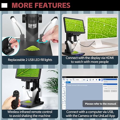 Miniatura 6 de Microscopio digital HDMI, pantalla de 10.1 pulgadas, microscopio de moneda 1600X, imagen de video 1440P de 48 MP, aumento recargable para adultos,