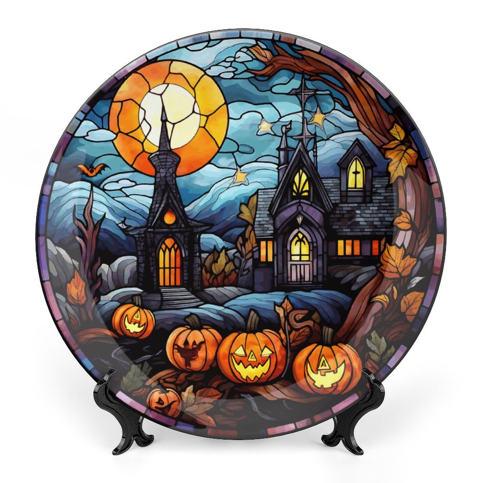 Halloween Decorative Plates, Haunted House Night Scene Stained Glass Print Ceramic Dinner Plate Home Wobble-Plate w/ Display Stand, Wall Hanging Decor for Living Dining Room Kitchen Household 10 Inch