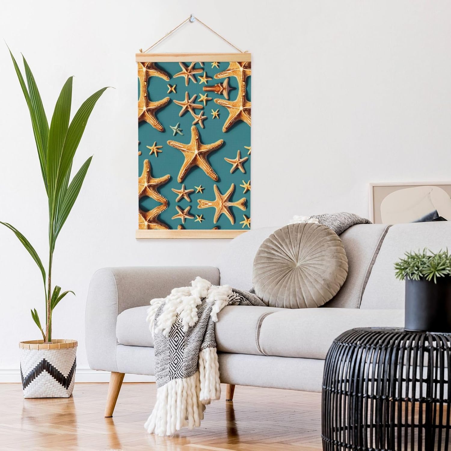 Beach Starfish Print Poster Hanger,Hanging Poster, Poster Frame,Wood Poster Hanger, For Wall Hanging