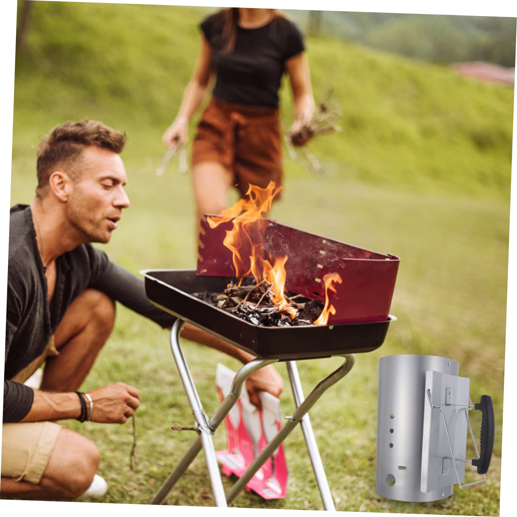 ibasenice Accenditore per Carbone Barbecue Manico in Nylon Resistente al Calore Secchio Zincato Antiruggine per Accensione Rapida Barbecue all’Aperto Caminetti e Forni Pizza