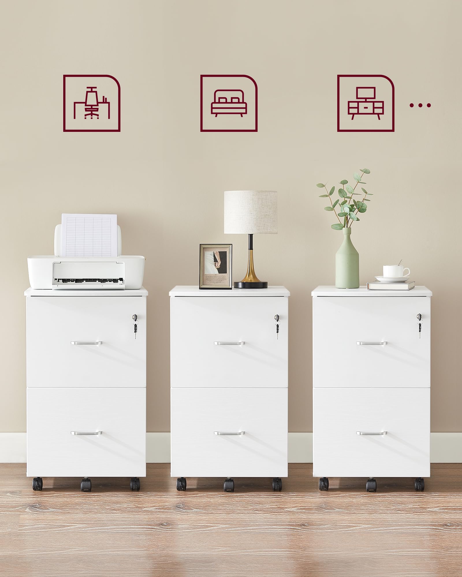 VASAGLE CUSTOS Collection - Caisson Mobile, Classeur, 2 Tiroirs, Support d’Imprimante, Meuble de Bureau, Verrouillable, pour Documents au Format A4, Dossier Suspendu, Blanc LCD027WE02