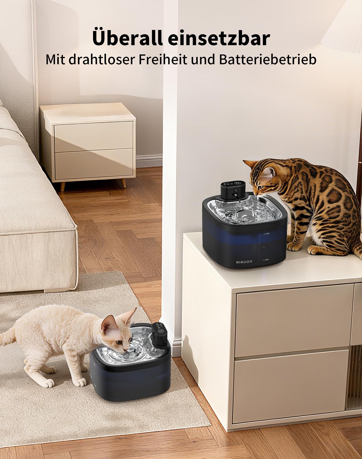 Katzenbrunnen kabellos 118oz/3,5L Drahtlos & Ultra-leise mit Sensor- und Zeitmodus,Edelstahlpalette, batteriebetriebener Trinkbrunnen für Katze,Trinkbrunnen für Katze (3.5L Katzenbrunnen+2Filter)