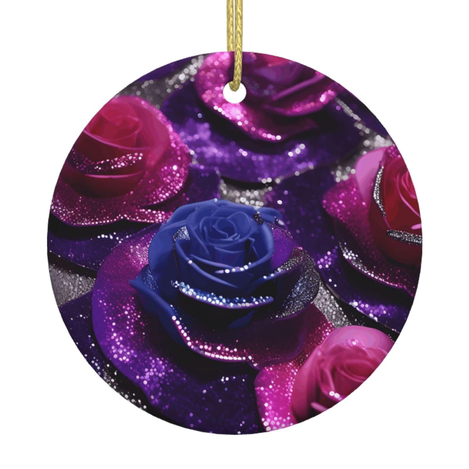 Glitter Sequin Roses Print Christmas Ornaments, Ceramic Hanging Ornament, Round Shape Decorations