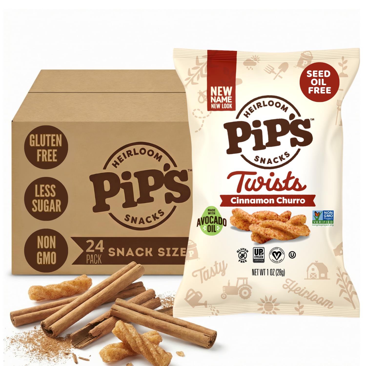 Pip’s Heirloom Cinnamon Churro Twists – 1 oz Bags (24 pk) – Individually Wrapped Snack Packs Made With Heirloom Corn & Avocado Oil – Better For You Snacks, Gluten Free, Non-GMO