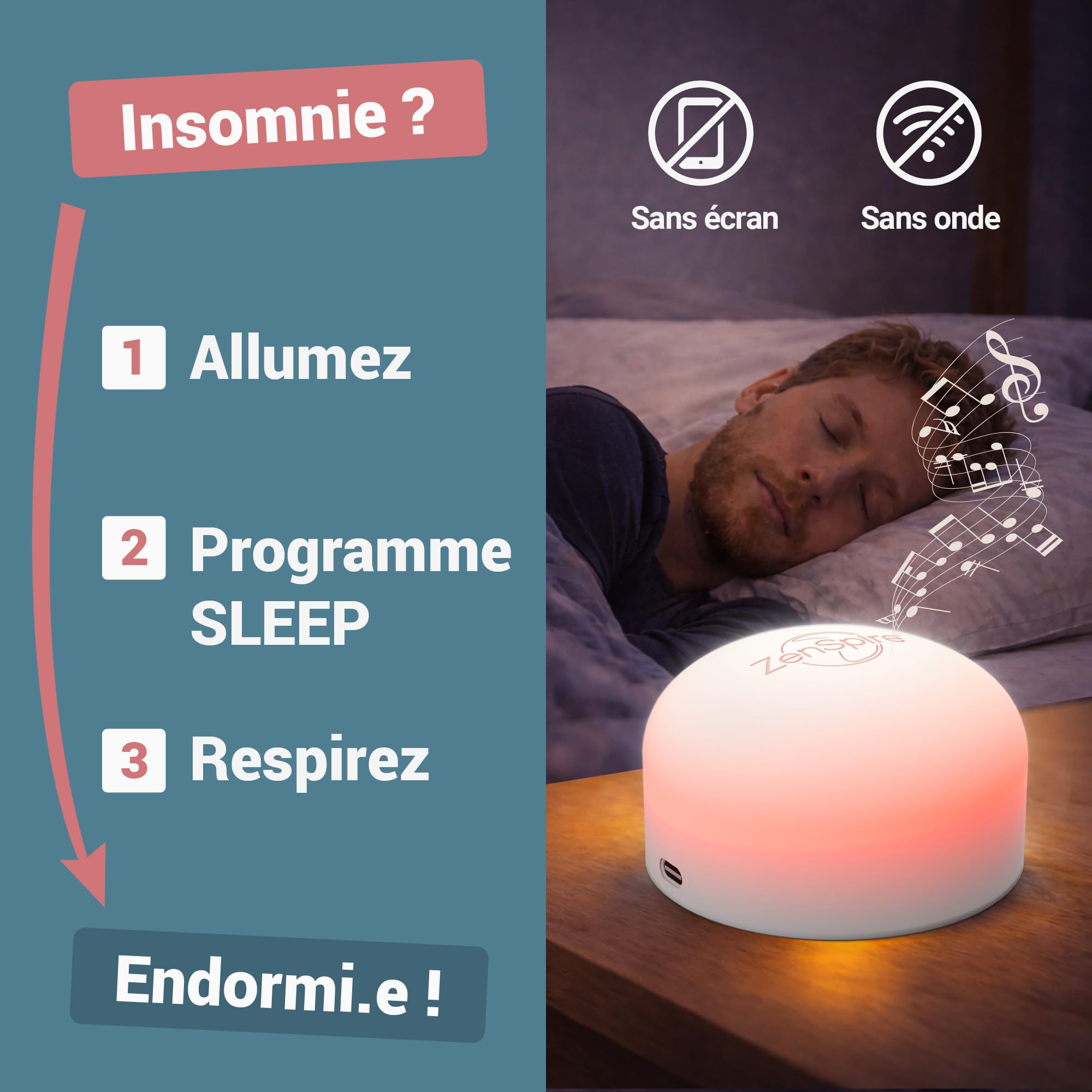 Zenspire+ Appareil Anti Stress Relaxation Méditation Dormir Adulte 3 Fonctions Lumière Zen Vibration Son