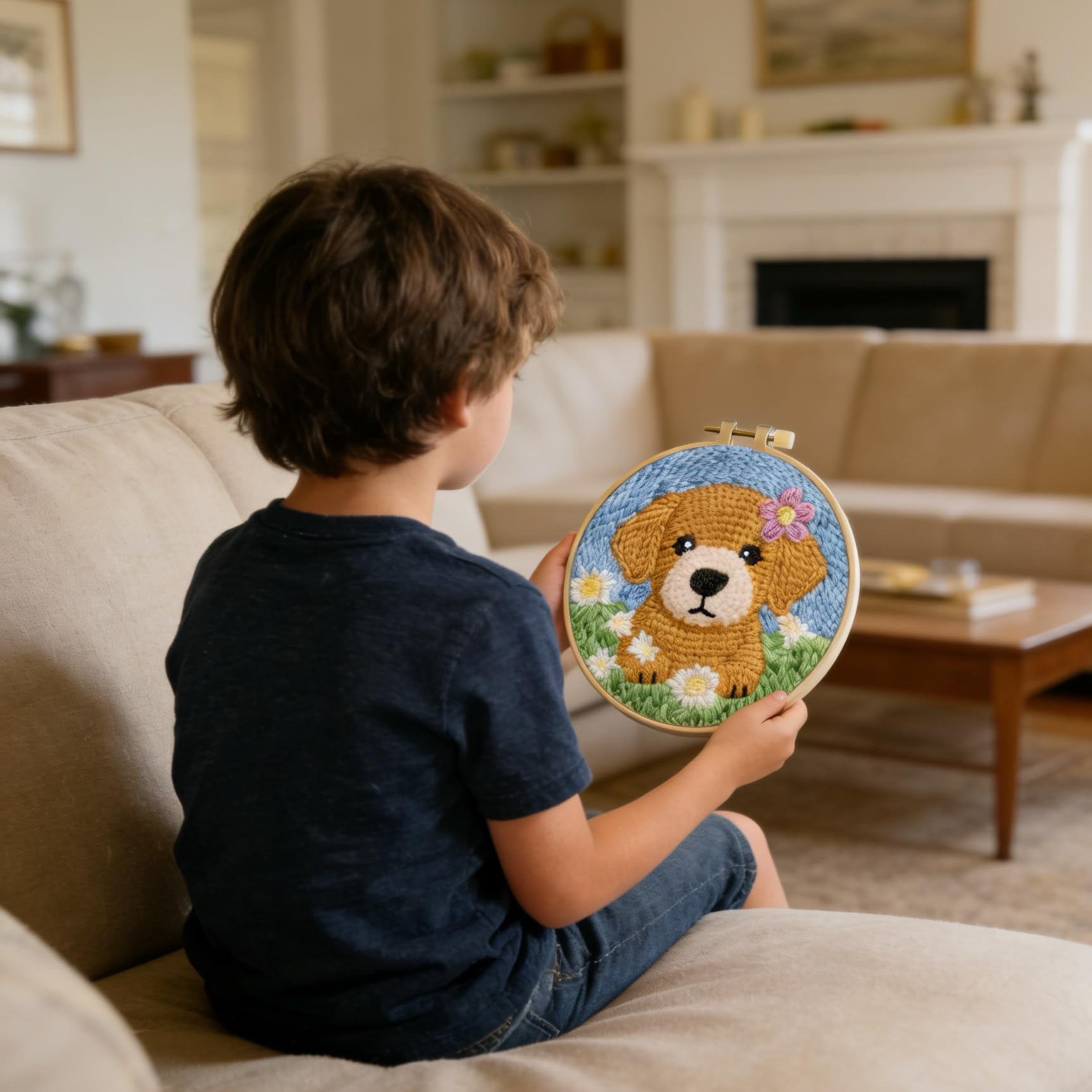 Kit di aghi da punzonatura per principianti: adorabile cucciolo di Golden Retriever fai da te, kit tutto in uno con cerchio, tessuto e filato, regalo facile e decorazione per la casa per adulti e