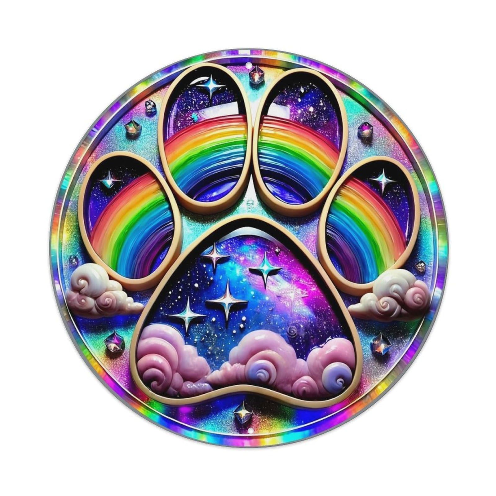 Rainbow Paw Galaxy Clouds Stars Retro Metal Sign Round Tin Sign, Vintage Decor Art Poster for Bar, Home, Man Cave, Kitchen, Laundry Room Gift 8x8Inch