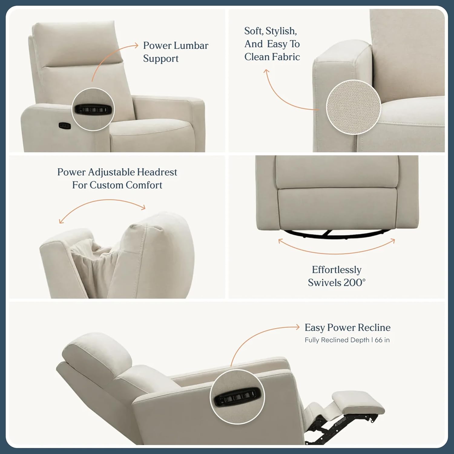 Nurture& The Glider Plus - Premium Nursery Power Recliner | Swivel Chair with Adjustable Head Support and Adjustable Lumbar Support | Built-in USB - The Ultimate Comfort for Nursing, Relaxing (Ivory)