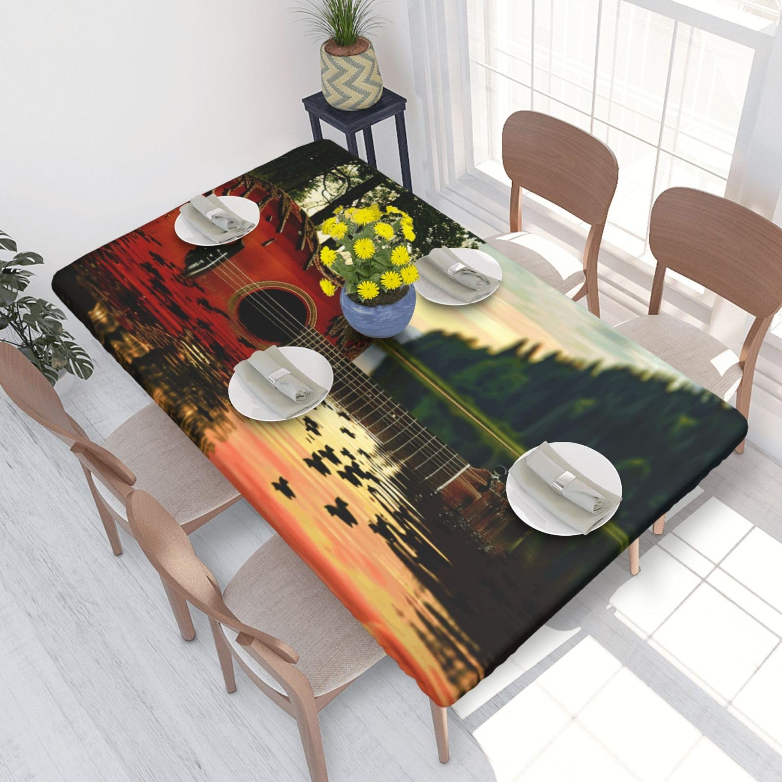 DCARSETCV Lake Guitar Reflection Printed 4FT Waterproof Tablecloth with Elastic Edged Protect & Decor Your Table, Oil-proof Washable Table Cloth Cover for Dinner Picnic Party