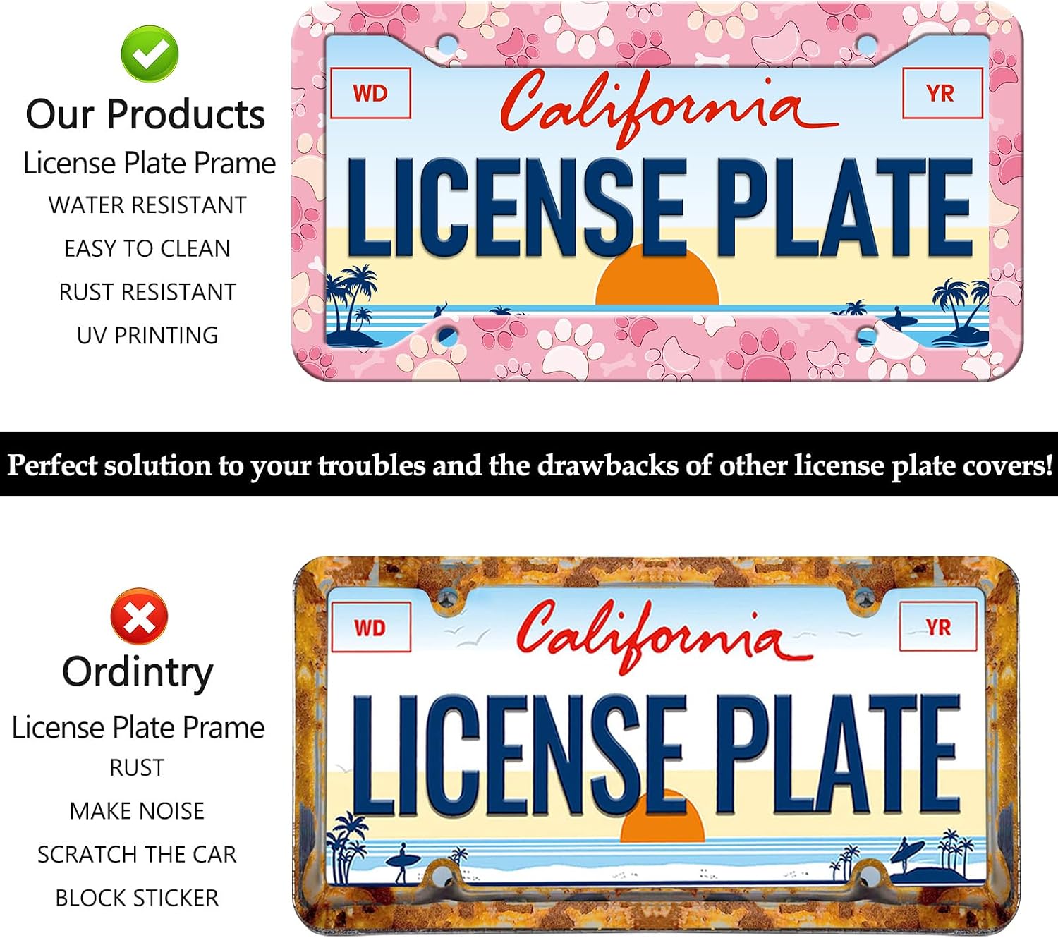 HCSS Pink Dog Paw Print License Plate Frames - 2 Pack Cute Bone Pet Footprint License Plate Holder, Aluminum Metal Rust-Proof Waterproof Car Decorative Tag Frame for Standard US 12x6 Inch image 4