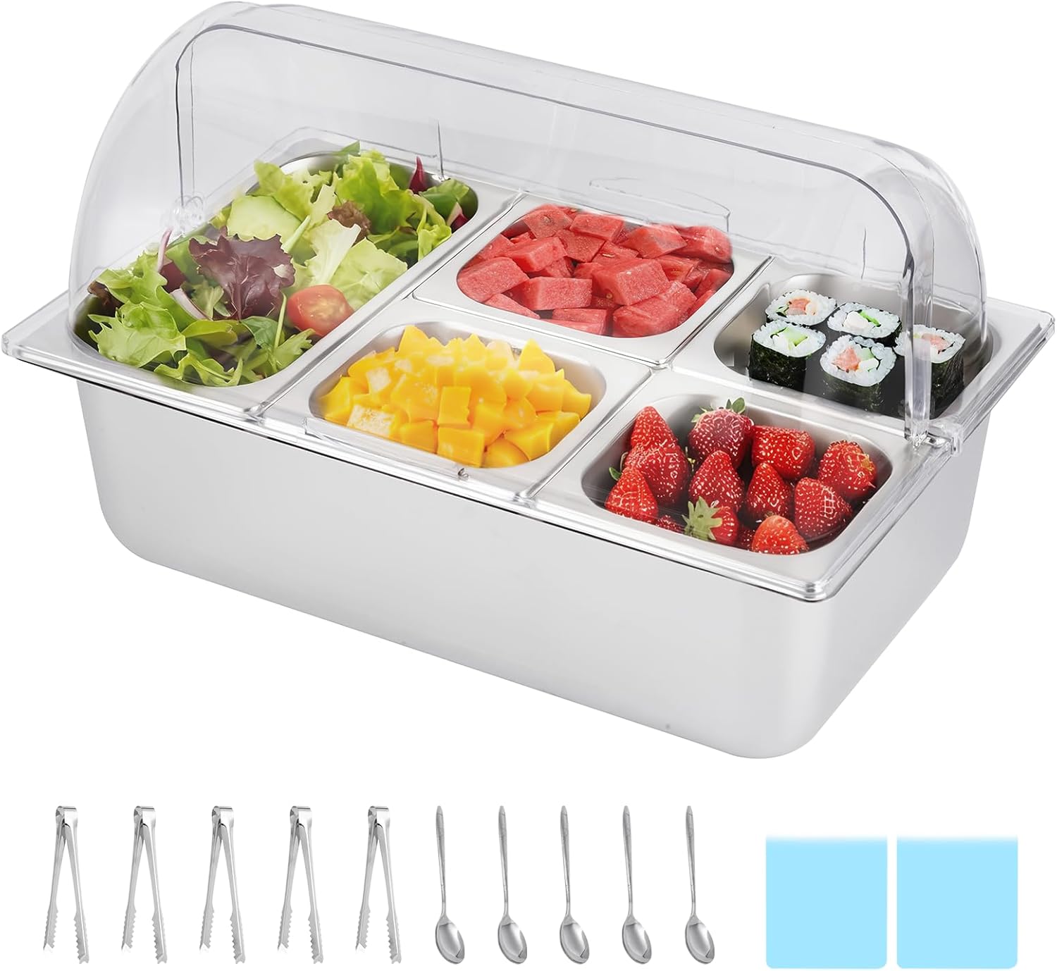 Cold Food Buffet Server 5 Pans (4 Pans×1.6Qt & 1 Pan×4QT) with Ice Packs for Salad Pizza Sauce Colded Serving Trays Condiments Containers for Parties Buffet