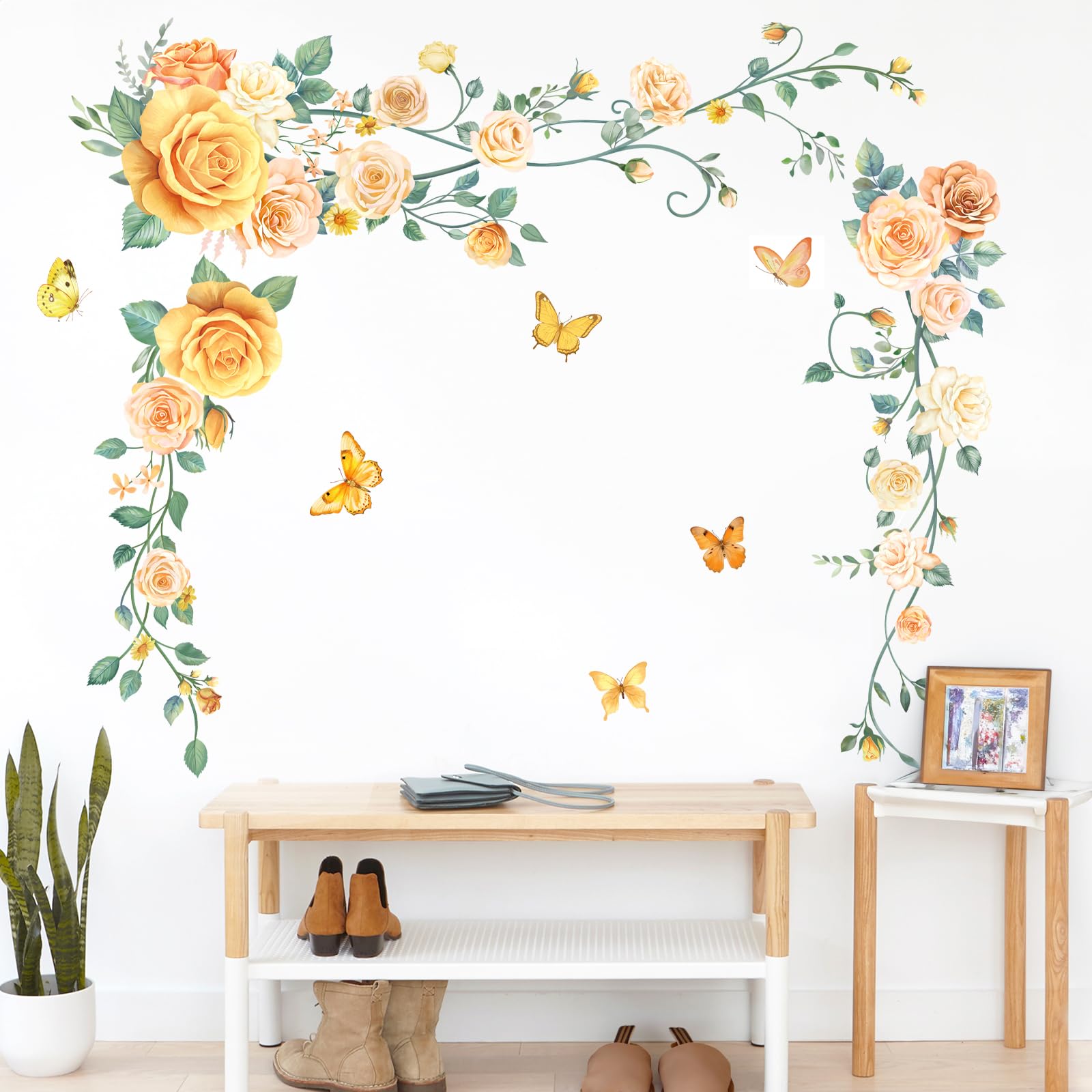 FUFUQUARE Hanging Flower Vine Wall Stickers Removable Elegant Yellow Rose Floral Butterflies Wall Art Decals for Bedroom Living Room Door Furniture Décor