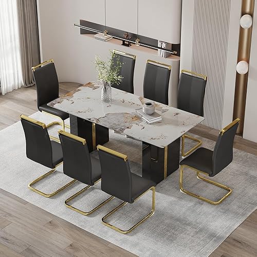 Miniatura 21 de Juego de mesa de comedor moderno de 71 pulgadas para 6, juegos de comedor para 6, mesa de mármol sintético de cocina y sillas de piel sintética,