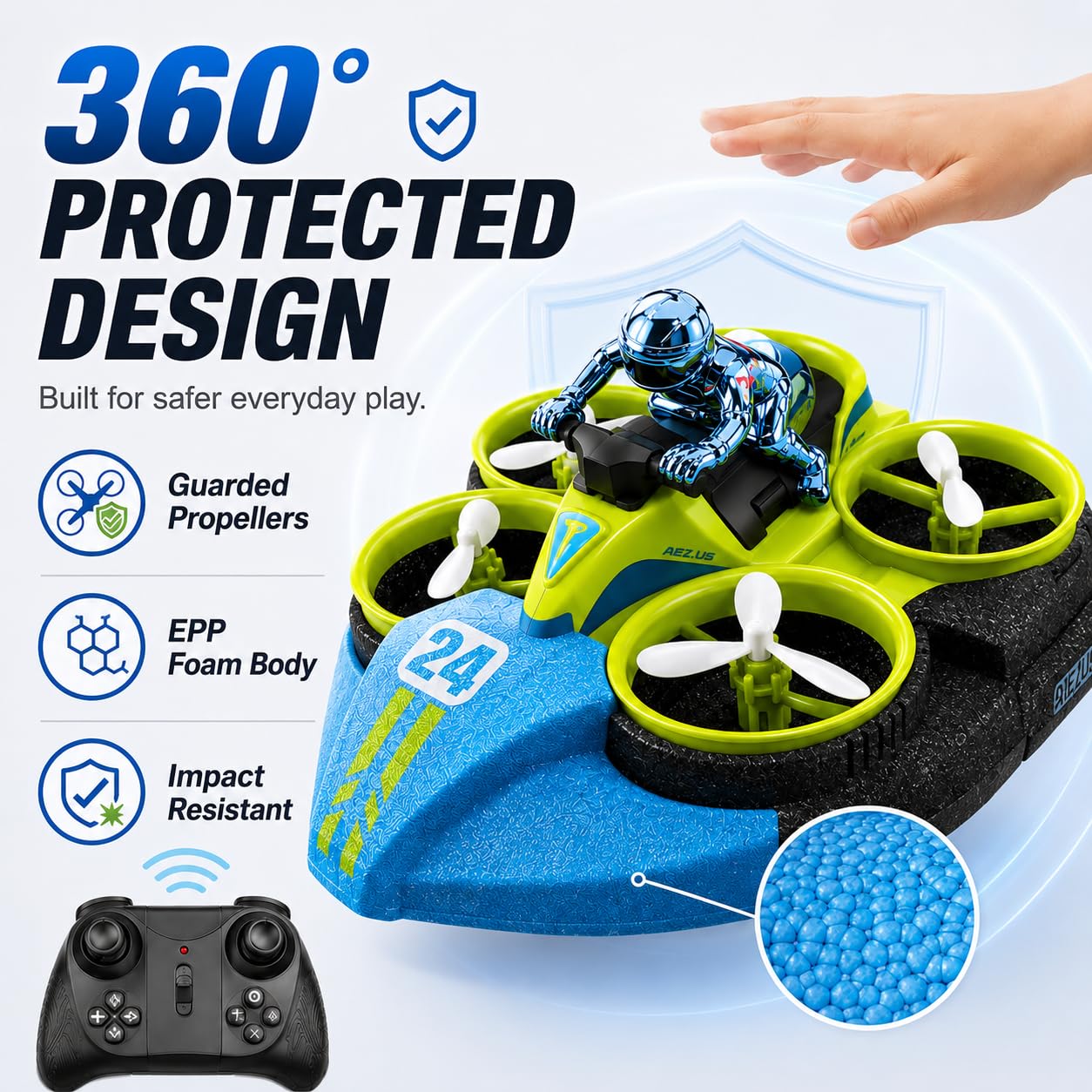 Drone RC 3 in 1 per Bambini, Hovercraft Remoto (Vert)