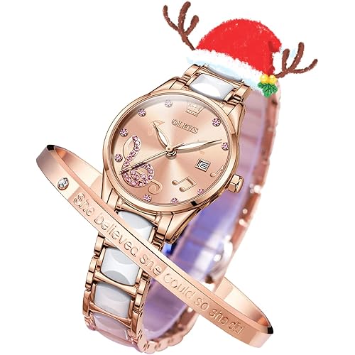 OLEVS Women Watches Rose Gold Elegant Dress Ladies Watch Diamond Ceramic Quartz Date Waterproof Luminous Female Wrist Watches Valentine's Day Present