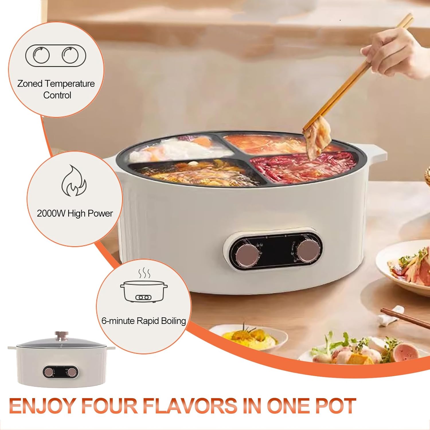 Four Grid Multifunctional Stew Pot, Electric Pots 4 Compartment, 6L Large Capacity Integrated Hot Pots Electric Caldron, Chinese Shabu Shabu Pot for Family Party