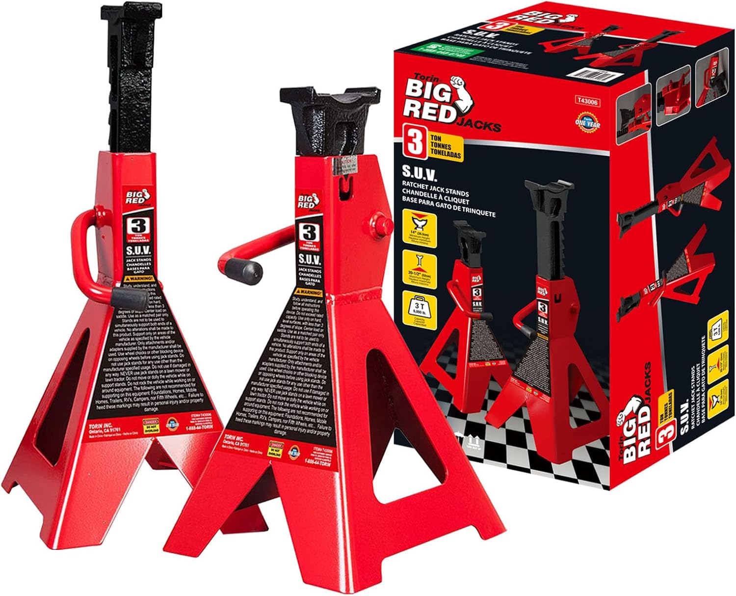 Big RED 3 Ton Jack Stands, 14-20.5 Inch Adjustable Height for Lifting UTV/ATV, Cars, SUV, 6000 lb Capacity, 1 Pair
