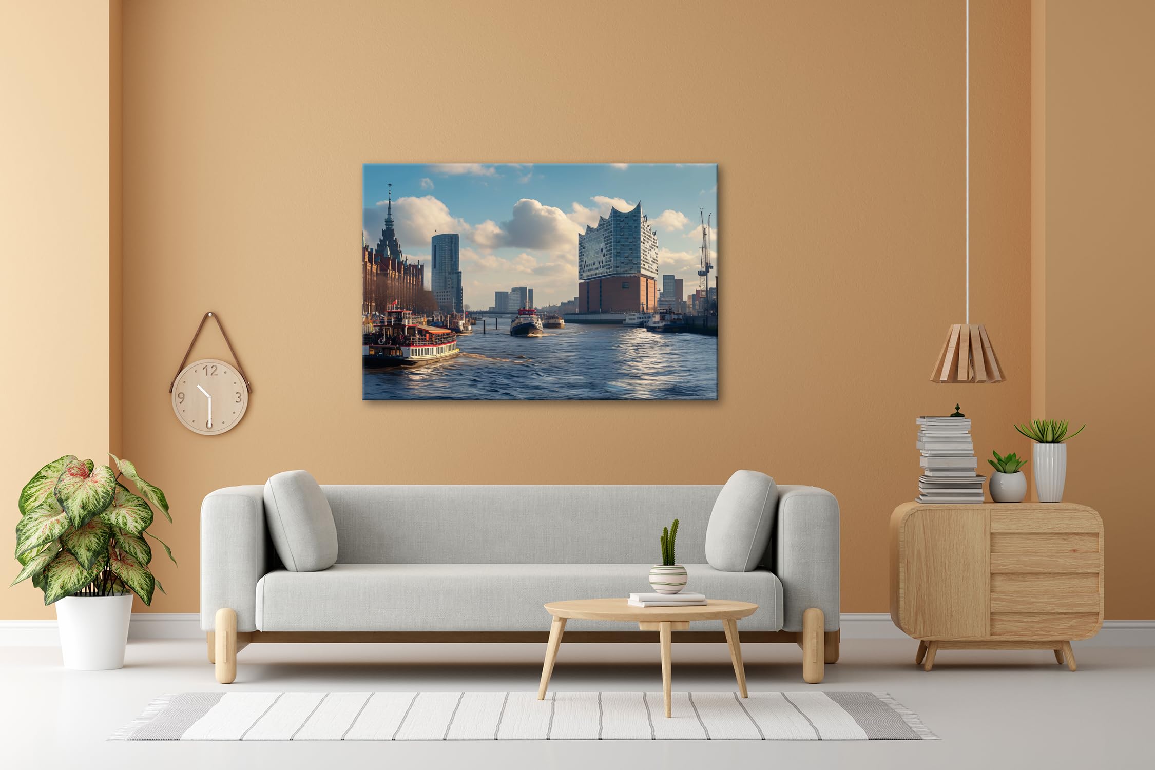 deyoli Leinwandbild Hafenzauber mit Elbphilharmonie im goldenen Morgenlicht. Format: 120x80cm XXL Kunstdruck Bild auf Keilrahmen/Wandbild/Wohnzimmer Dekoration