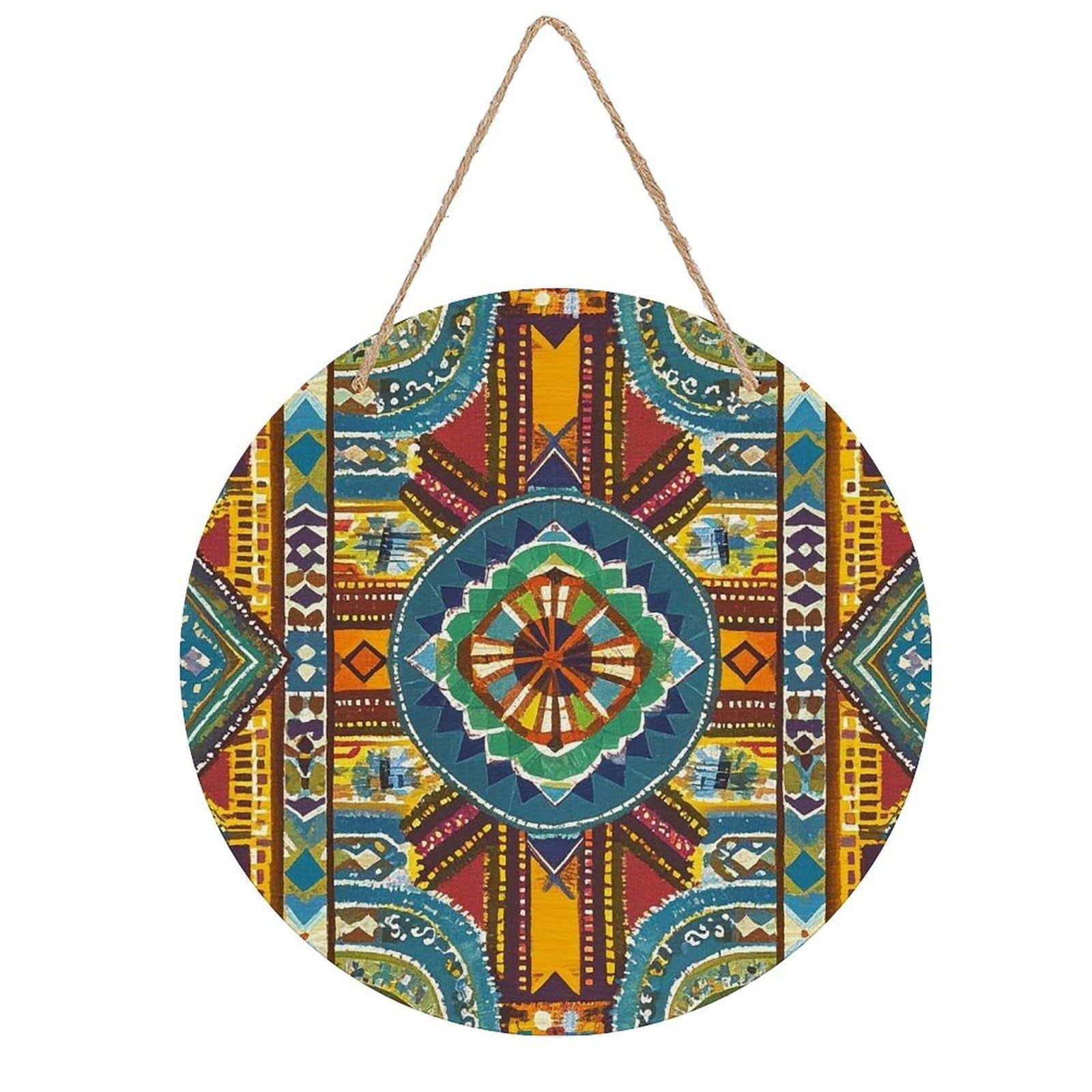 FekiLoot African Style Textile Pattern Welcome Sign Wall Decor Round Wood Hanging Sign Decoration Farmhouse Wall Signs Wall Plaque Funny Welcome Decor Door Hanger for Home Front Door Porch Office