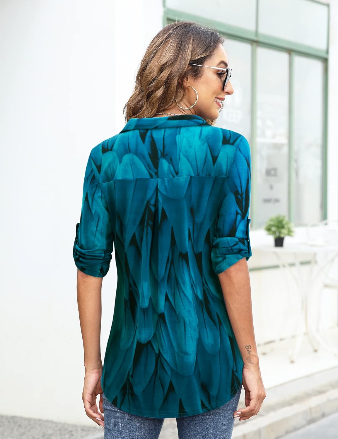 Bulotus Women's 3/4 Sleeve Collared Blouses Business Casual Tops Zip Front V Neck Work Shirts Loose Fit Tunic Tops - Image 4