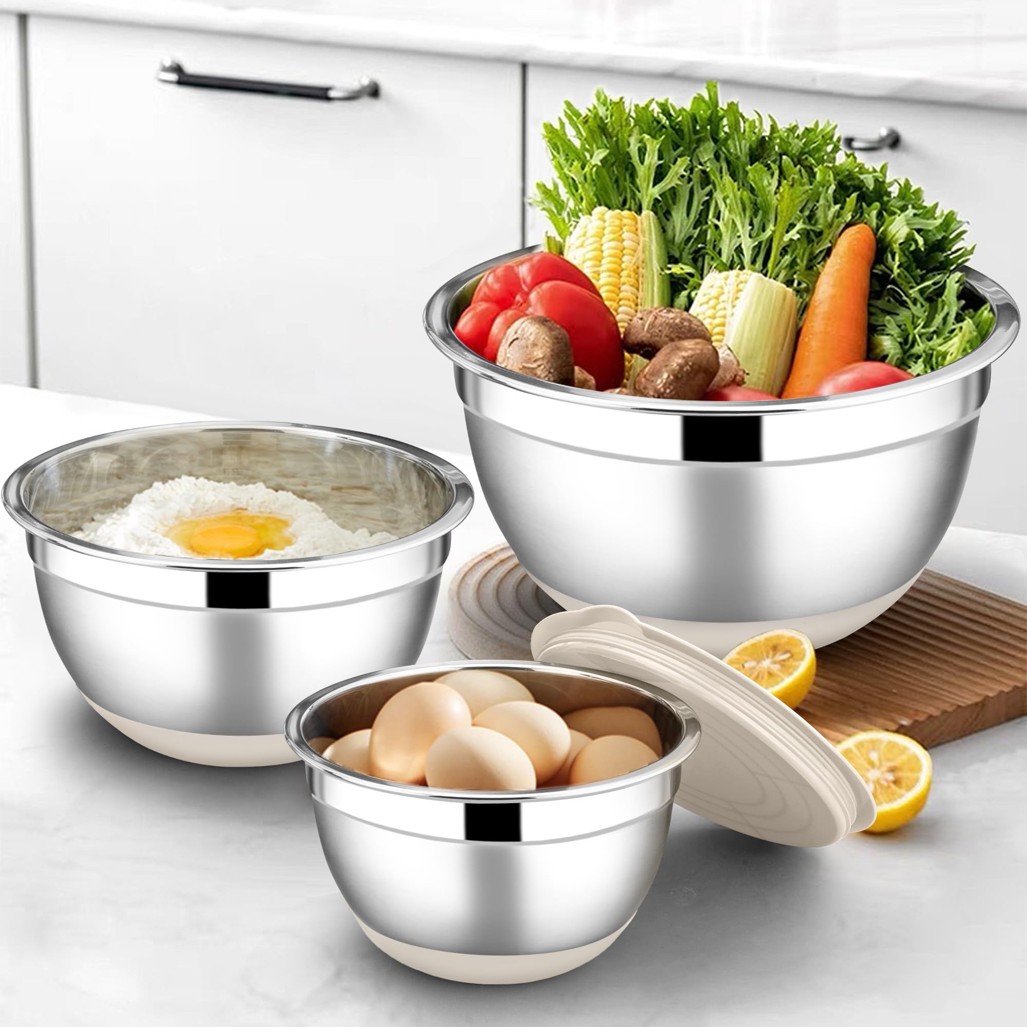 Joyfair Set di 3 ciotole per mescolare, in acciaio inox, con coperchi ermetici per cuocere, preparare, servire, montare, resistenti e lavabili in lavastoviglie, 4,6/2,8/1,6 l, multicolore
