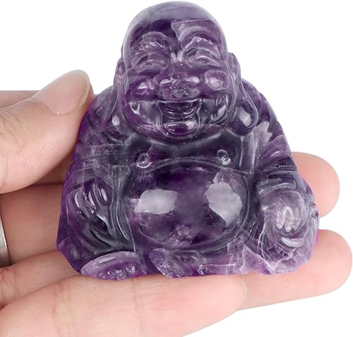 Miniatura 4 de Artistone Estatua de Buda de cristal de amatista de 2 pulgadas tallada a mano, bolsillo sentado Maitreya Laughing Happy Buddha, figura de piedra