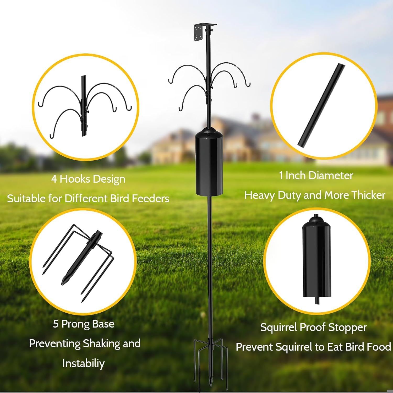 Birdkiss Shepherd Hook Pole for Garden：Adjustable Heavy Duty Outdoor Squirrel Proof Bird Feeder Pole Mount Kit with 5 Prongs Base 90 Inch with 4 Hooks Hanging for Bird Feeder and Birdhouse.