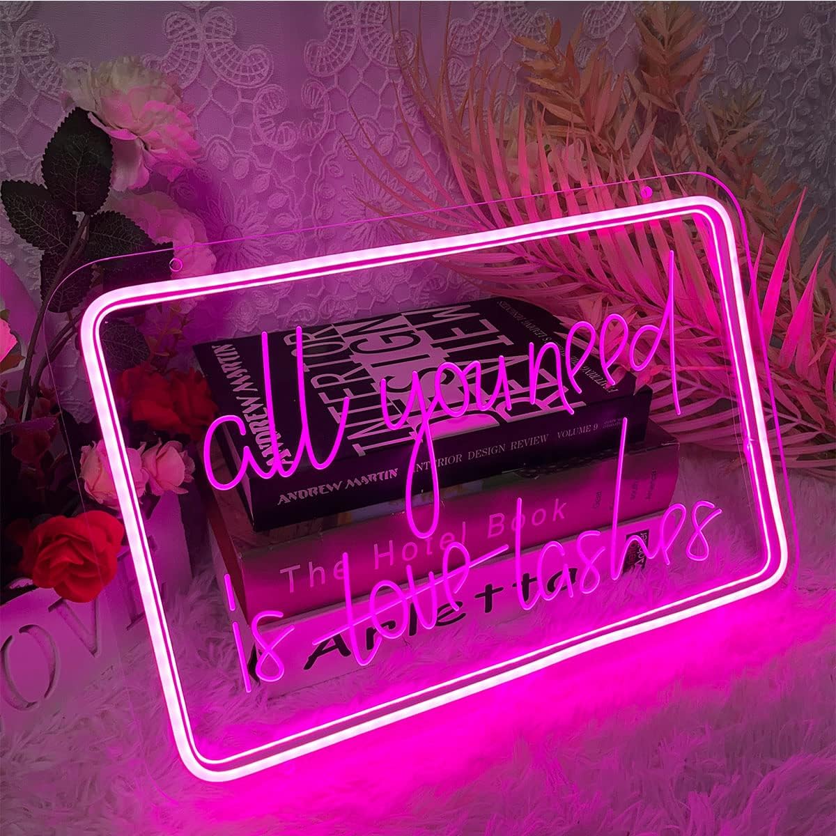 Neon Sign All You Need Is Lashes For Wall Decor 3D Art Carving Design Indoor Bedroom Led Neon Signs Backdrop Flex Christmas Party Wedding Living Room Birthday Gift(Pink,USB,40×27CM)