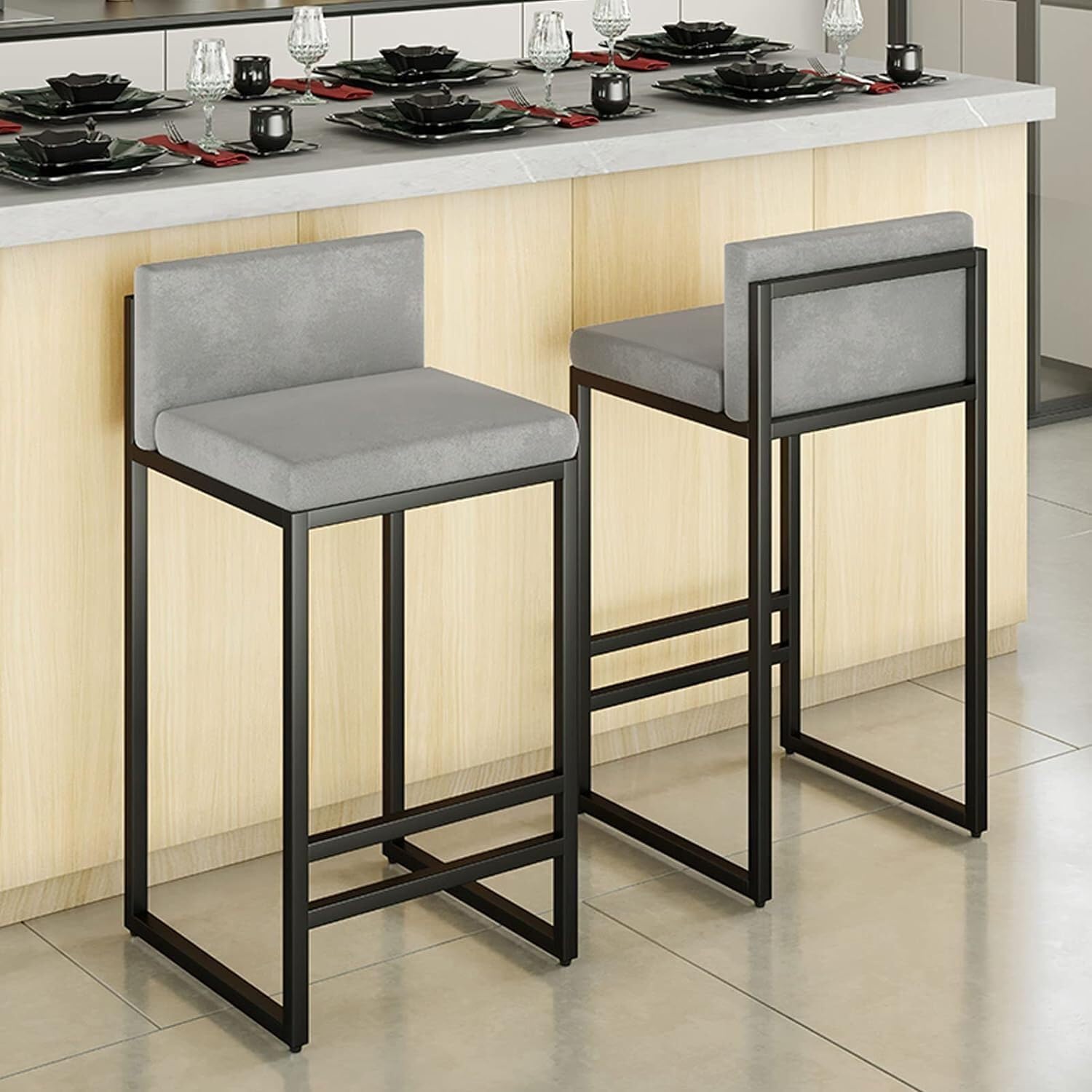 Sgabelli Da Bar Girevoli In Metallo, Set Da 2, Con Schienale, Altezza 63,5 Cm, Grigi, Portata 150 Kg