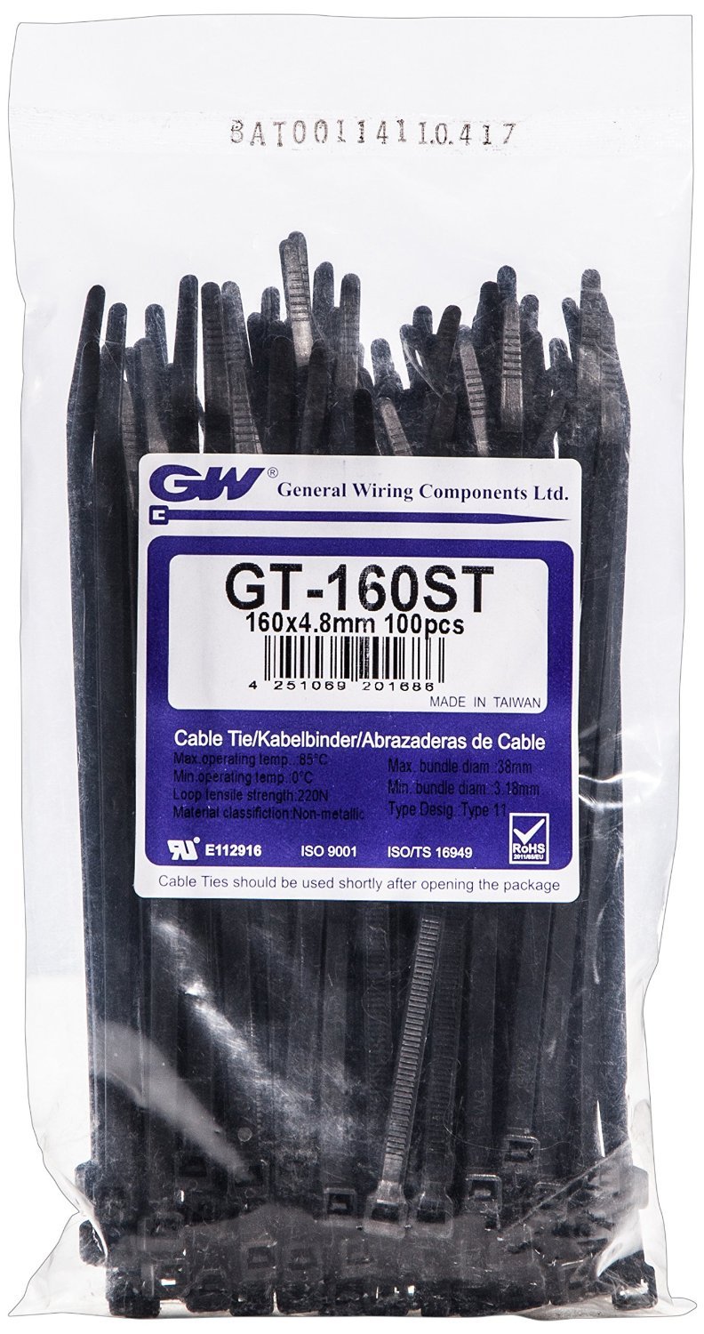 GW Wiring ProductsCable Tie 160 x 4,8 mm, Black, 1000 pcs, GT-160STB, Set of 1000 Pieces
