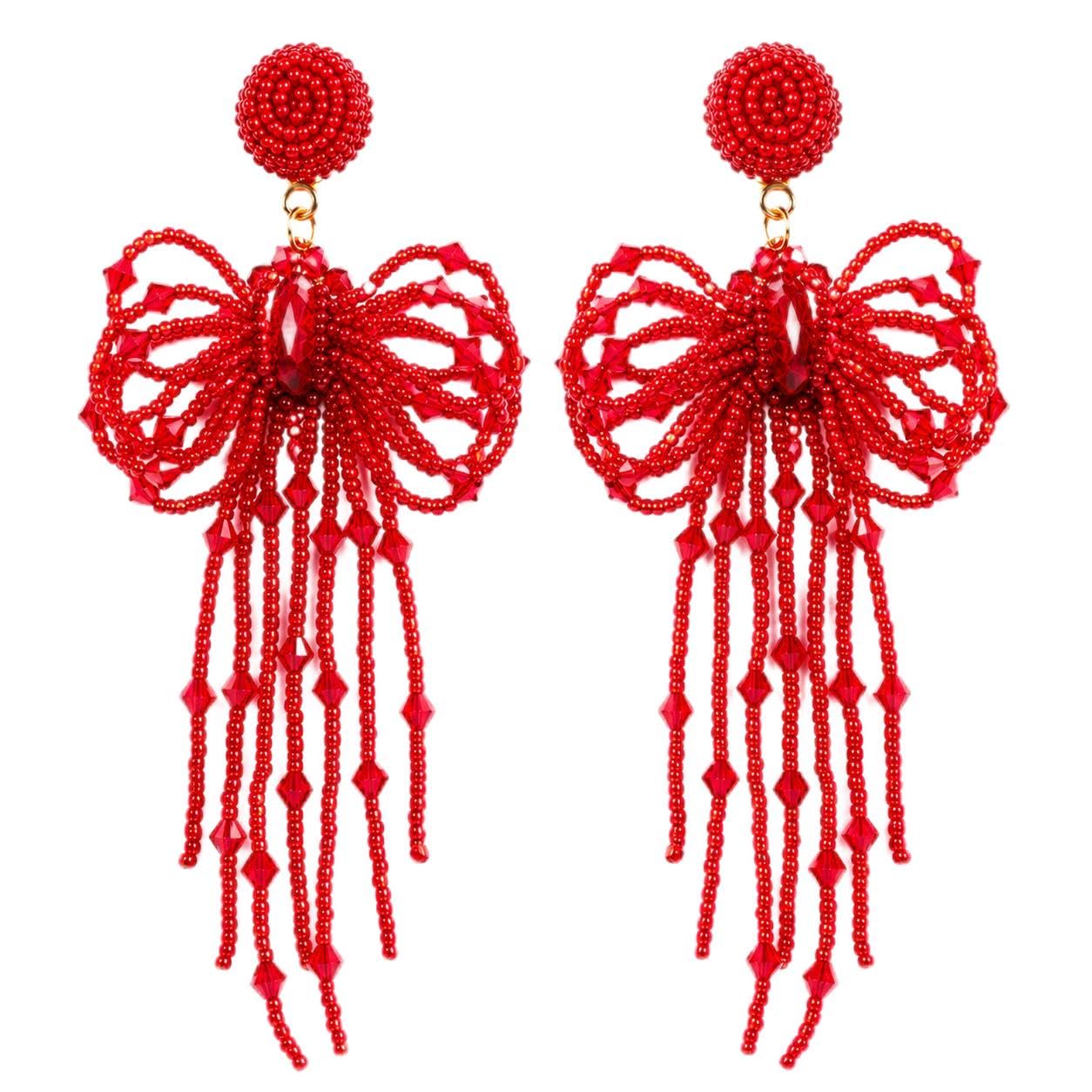Handmade Red Seed Bead Bow Tassel Earrings for Women & Girls | Bohemian Fringe Dangle Drop Earrings | Statement Party Fashion Jewellery | Lightweight Ethnic Western Earrings Gift for Her-image-6