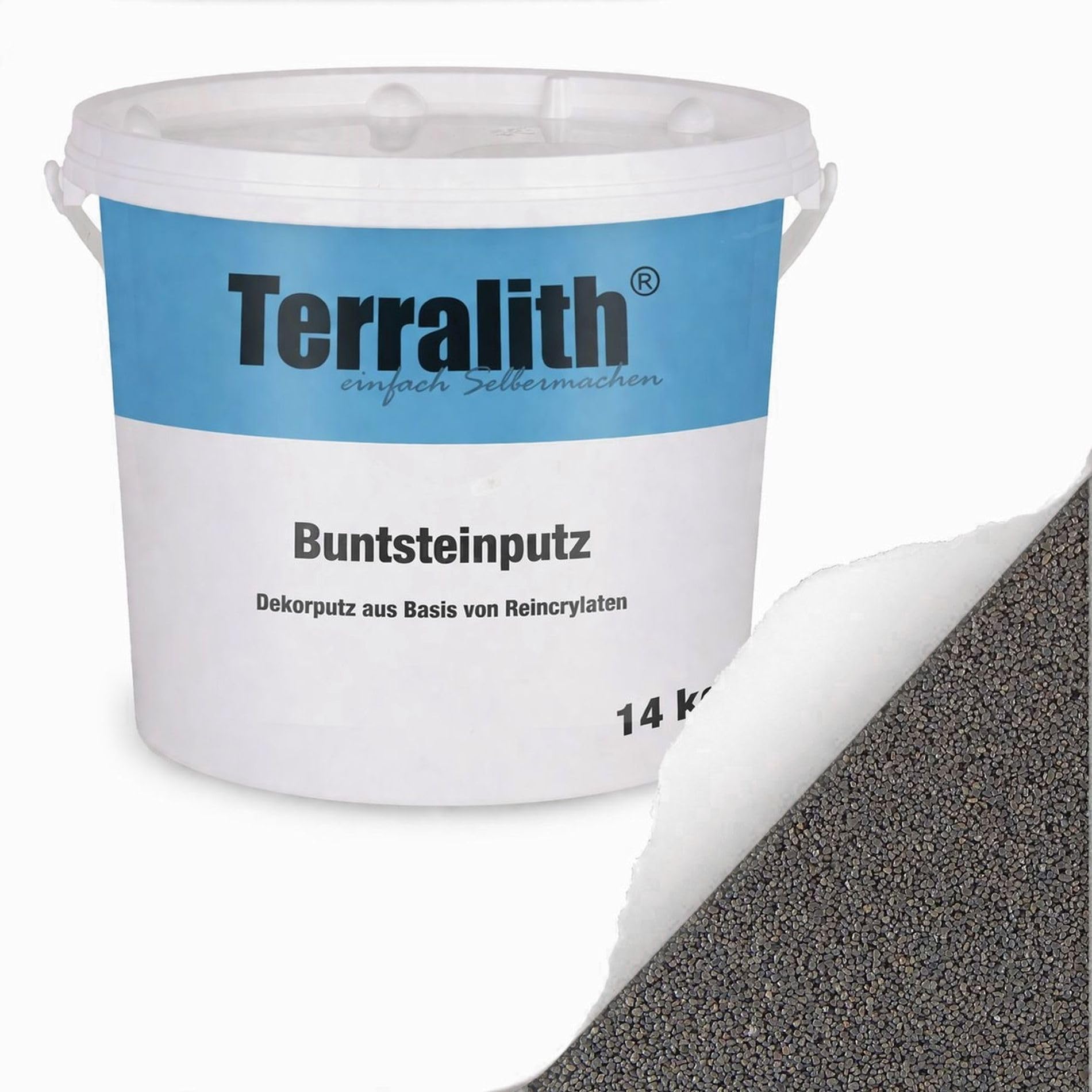 Terralith Buntsteinputz 14kg in grau, Sockelputz für Innen und Außen mit Reinacrylat Bindemittel aus Naturstein, 1-2mm Körnung (BSP28)