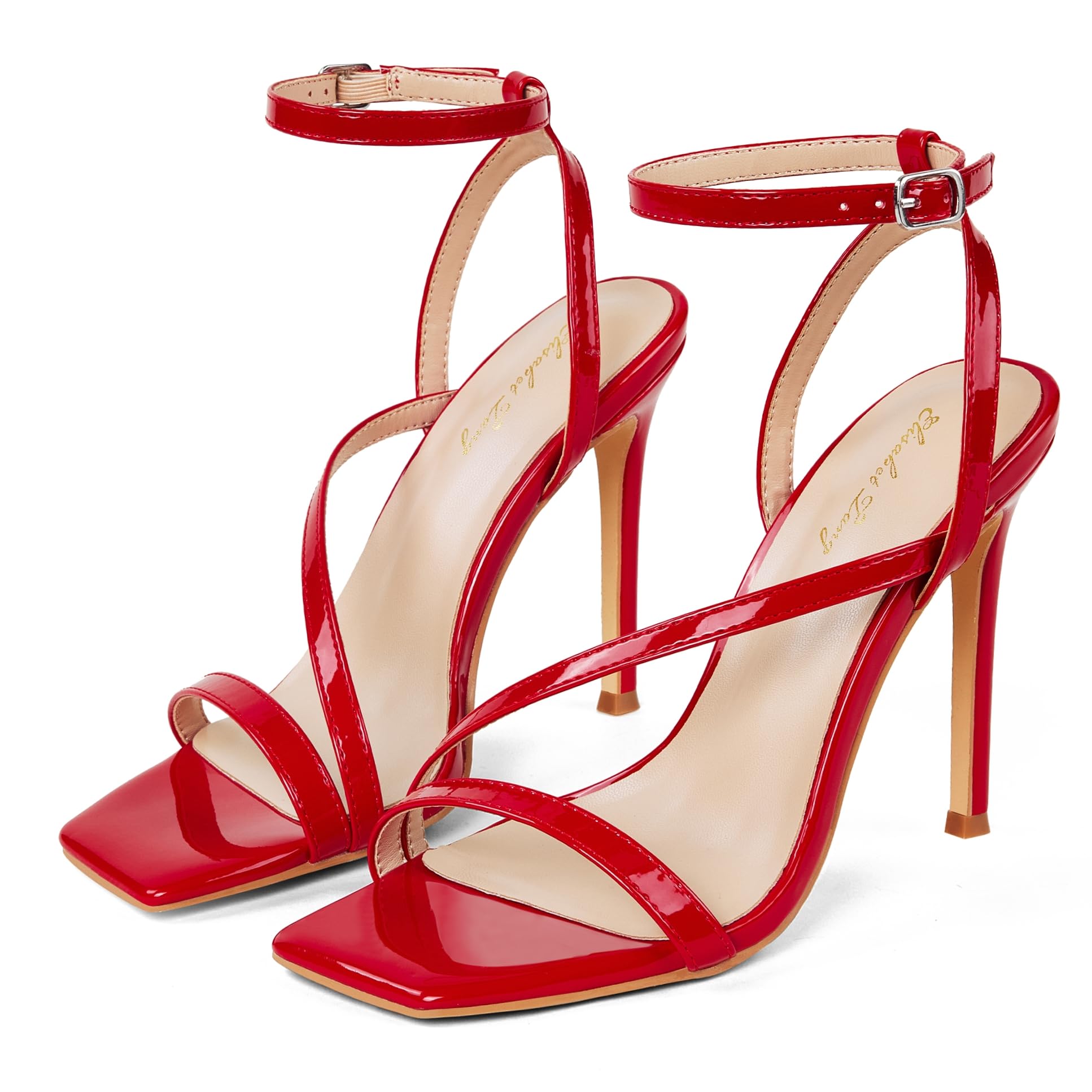 Elisabet Tang Women’s Crystal Stilettos Heeled Sandals, 4 Inch Square Open Toe Strappy Sexy High Heels Ankle Strap Buckle Heels for Party Wedding