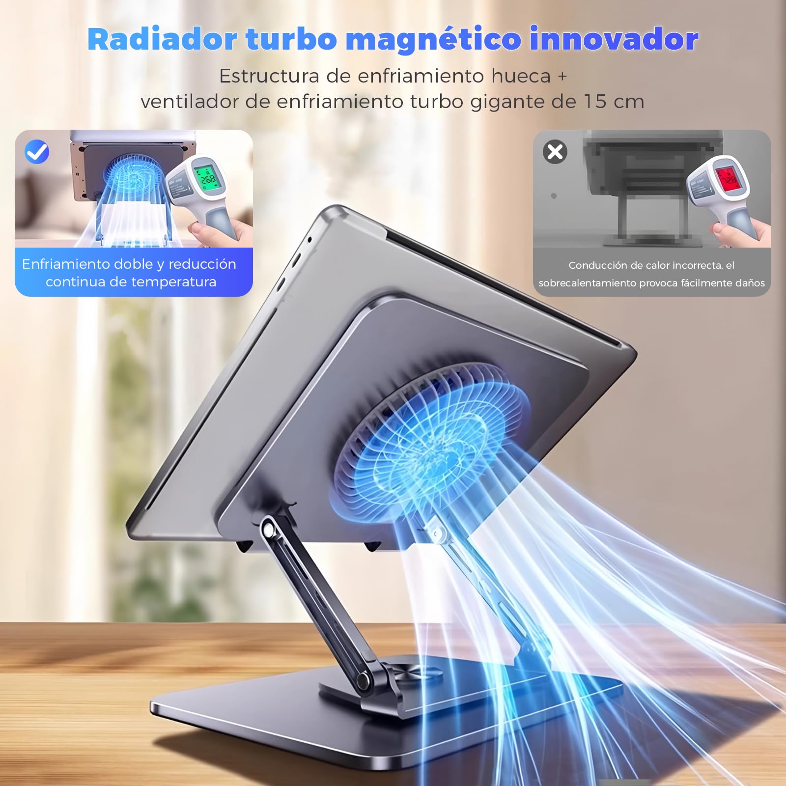 Soporte para ordenador portátil de aluminio, giratorio 360°, plegable, con ventilador magnético para refrigeración, compatible con MacBook y dispositivos de 10 a 17,3 pulgadas (gris claro)