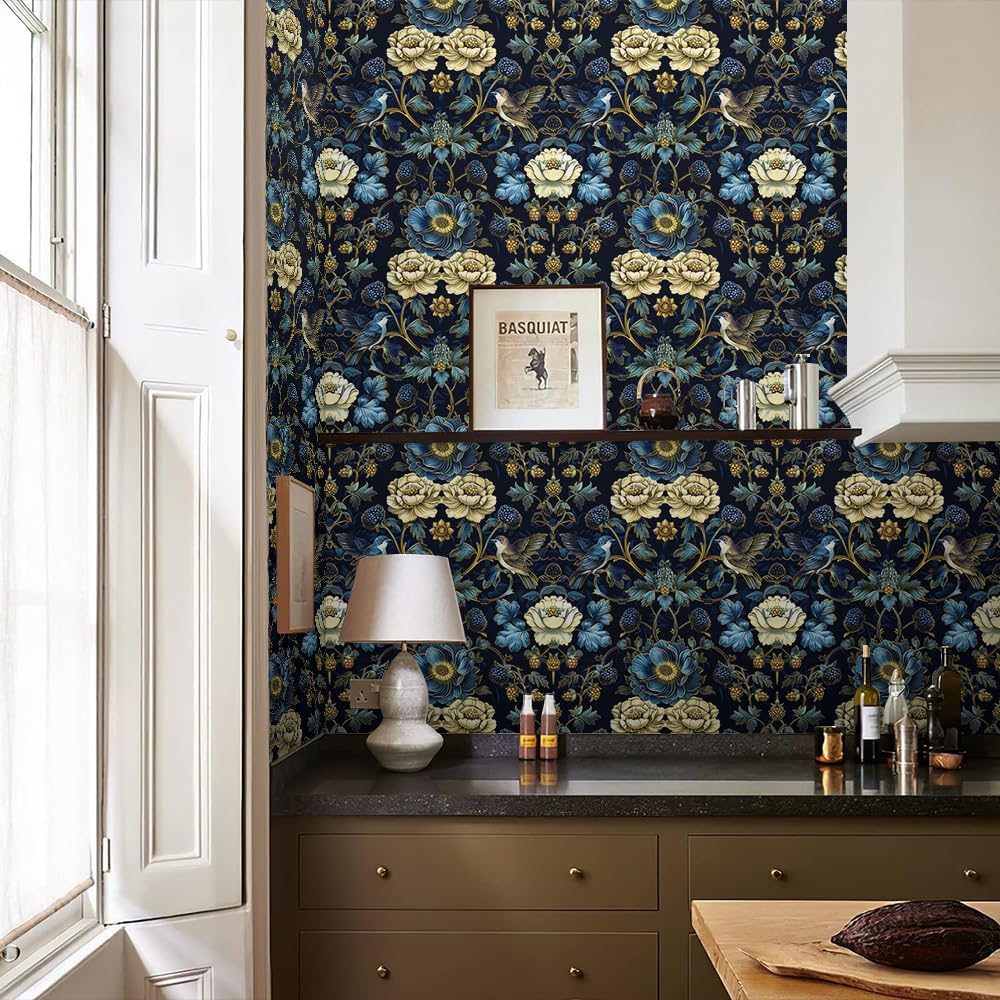 REDAMANCY Vintage Blue Beige Damask Flower Bird Peel and Stick Wallpaper Vintage Wall Paper Stick on Contact Paper Easy Peel Off for Bedroom nightstand Drawer Renter Friendly 17.7"x236"