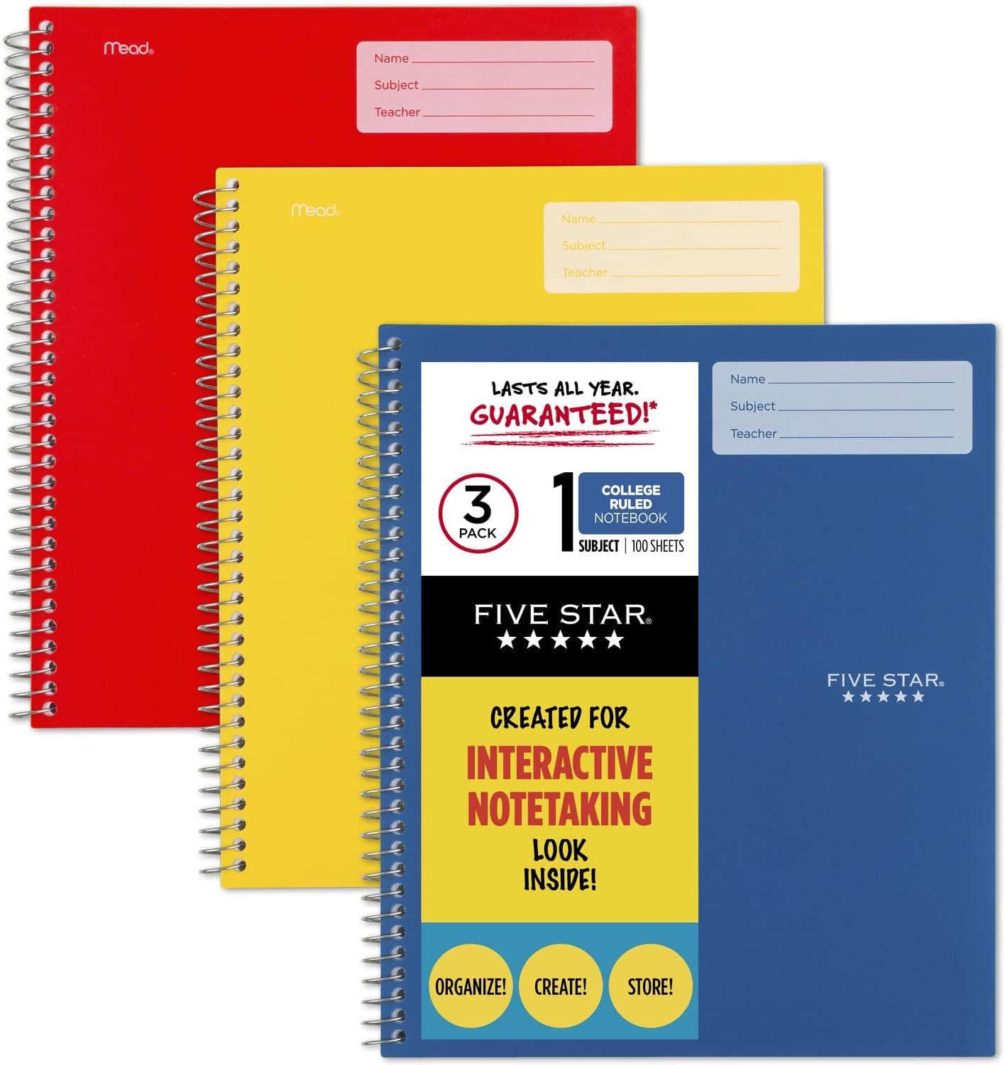Five Star Interactive Notetaking Spiral Notebooks, 3 Pack, 1 Subject, College Ruled Paper, 11" x 8-1/2", 100 Sheets, Assorted Colors (820018-ECM)