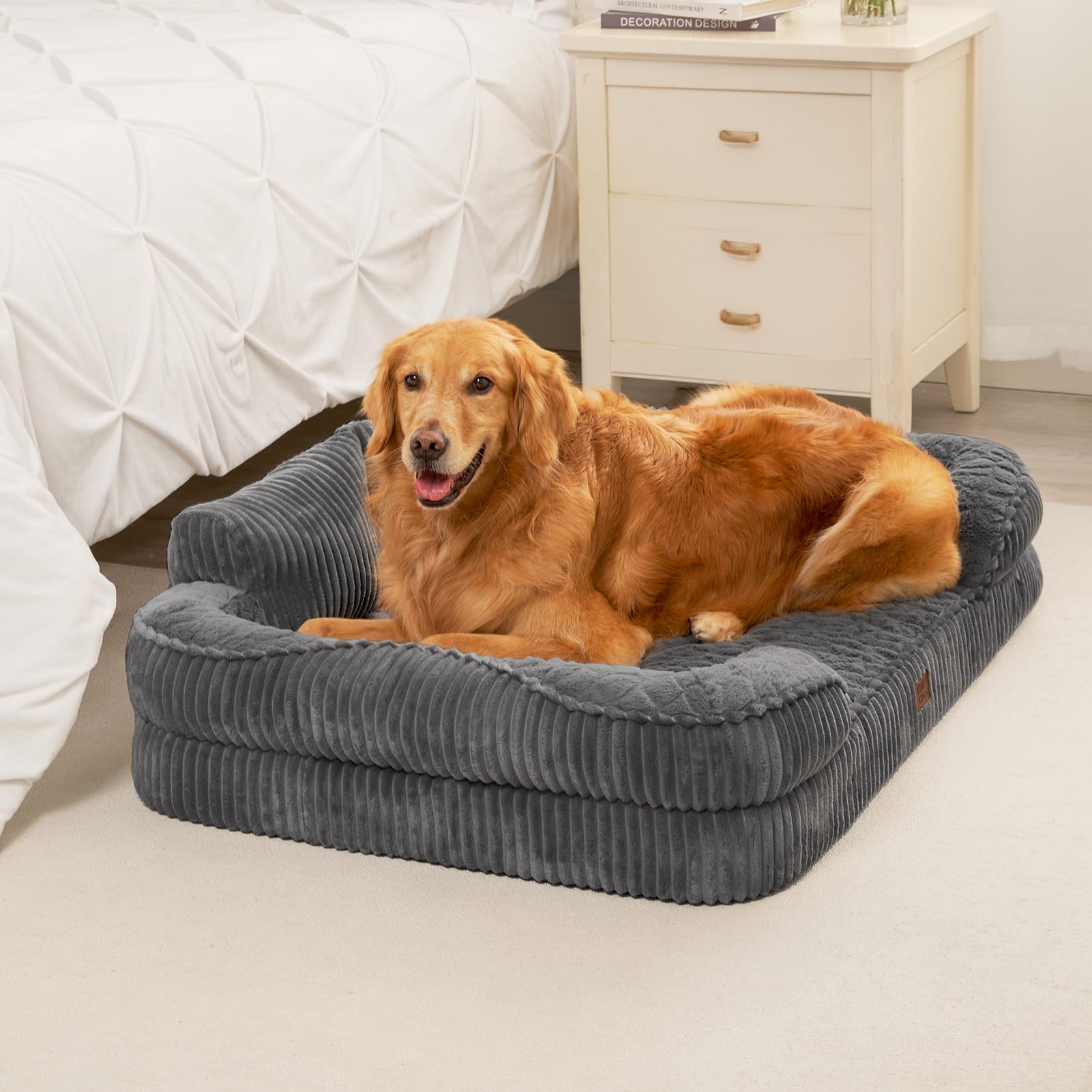 EHEYCIGA Cama Perro Ortopédica Grande 106x76 cm, Sofá Cama con Respaldo Alto, Colchón Perro Viscoelastica Impermeable, Funda Lavable, Gris