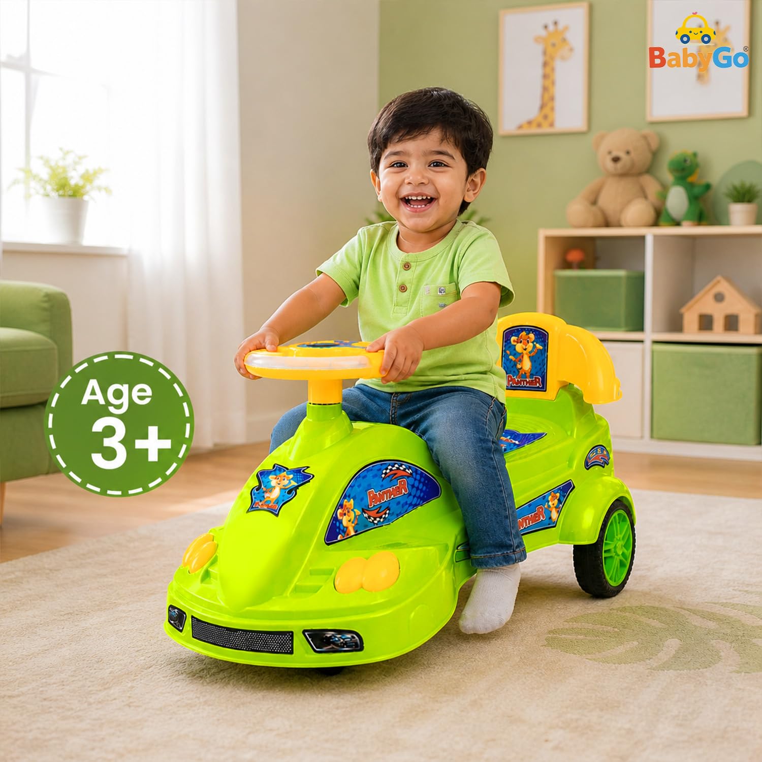 BabyGo Baby Panther Swing Magic Car Ride On Toy for Kids with Comfortable Seat & Durable Wheels | Push Ride On Twister Swing Car | Indoor Outdoor Fun Ride On Car for Boys & Girls Age 2+ (Green) 3