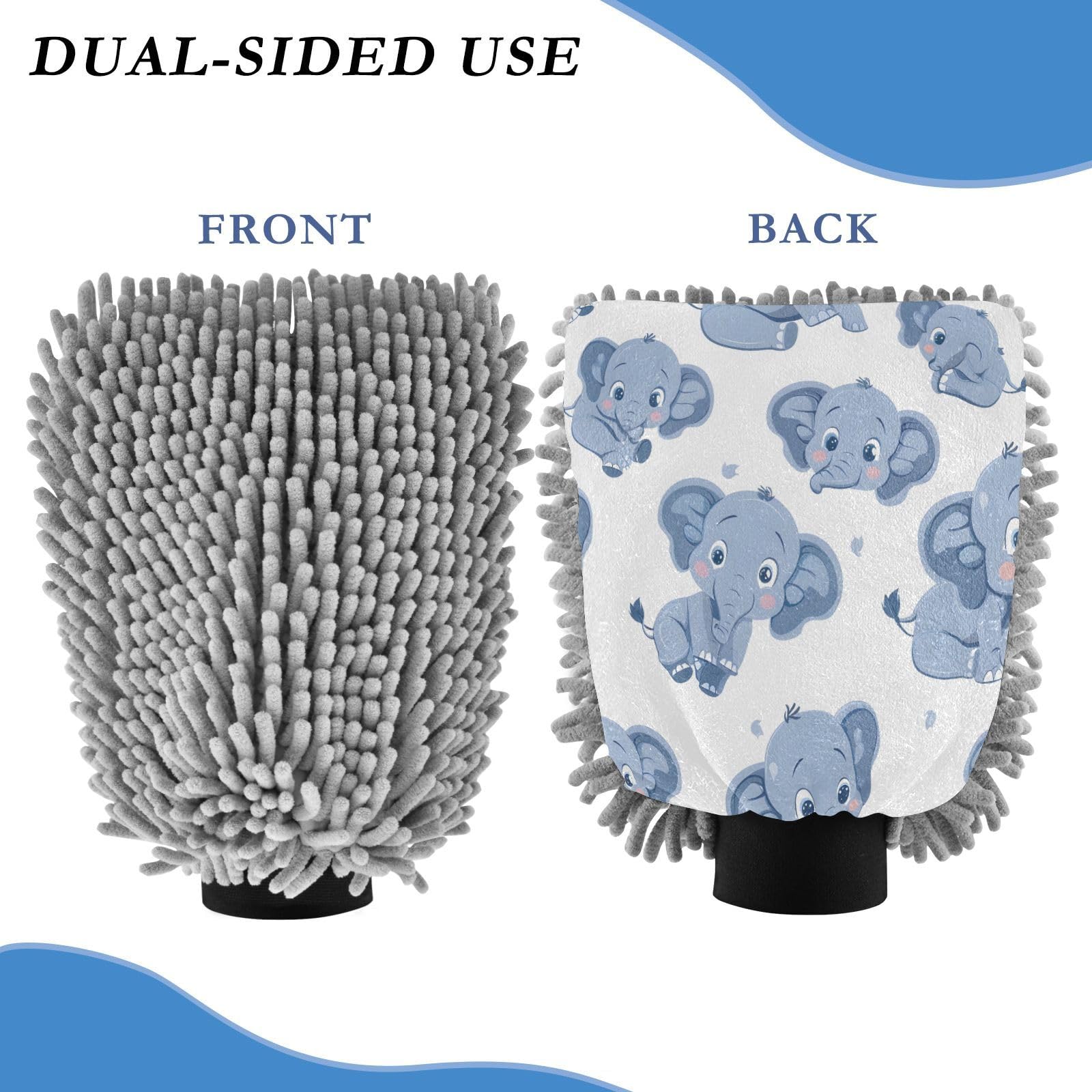 ALAZA Cute Elephant Cartoon Car Wash Mitt Scratch Free, 2 Pack Absorbent Microfiber/Chenille Washing & Drying Mitts, M