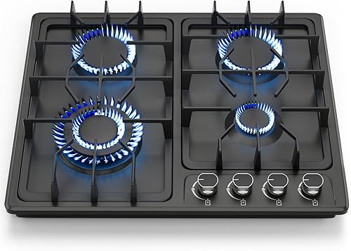 FVBADE Placa de cocina de gas de 24 pulgadas con 4 quemadores, estufa de gas integrada de acero inoxidable con conversión NG/LPG de combustible dual