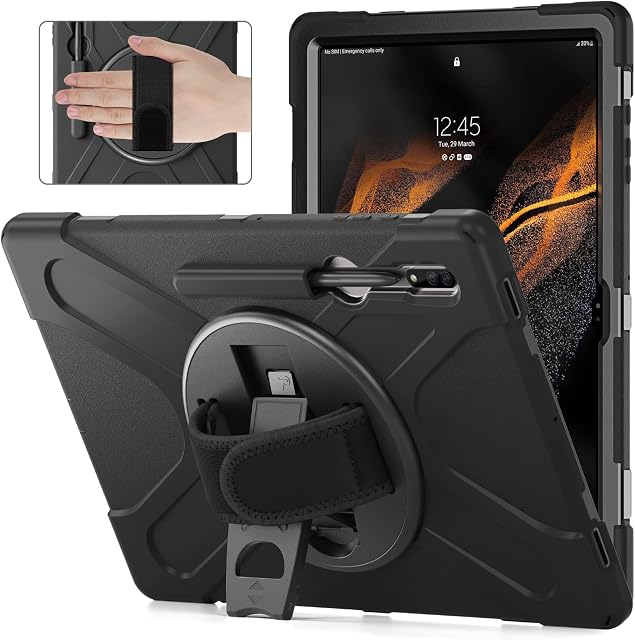 Gerutek Case for Samsung Galaxy Tab S8 Ultra 14.6 inch 2022 , Shockproof Rugged Tab S8 Ultra Case with 360 Rotating Hand Strap/Kickstand/Shoulder Strap Case for Samsung Tab S8 Ultra SM-X900/X906,Black