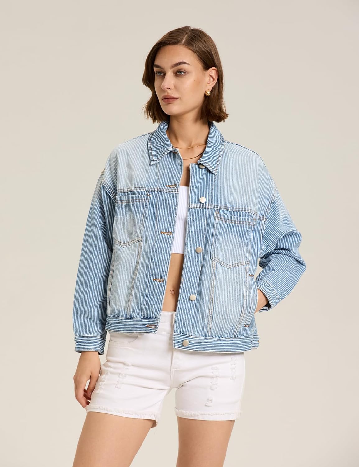 Kedera Women's Blue Jean Jacket Oversized Distressed Button Down Denim Jacket Vintage Long Sleeve Soft Boyfriend Coat - Image 3