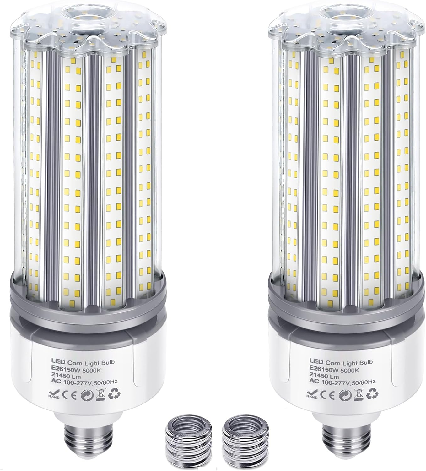 150W LED Corn Cob Light Bulb 2Pack, 700W MH/HPS Equivalent, 5000K Daylight, E26 Base with E39 Mogul Base adapters, Commercial Industrial Lighting Gyms Garage Workshop Bay Light Fixture