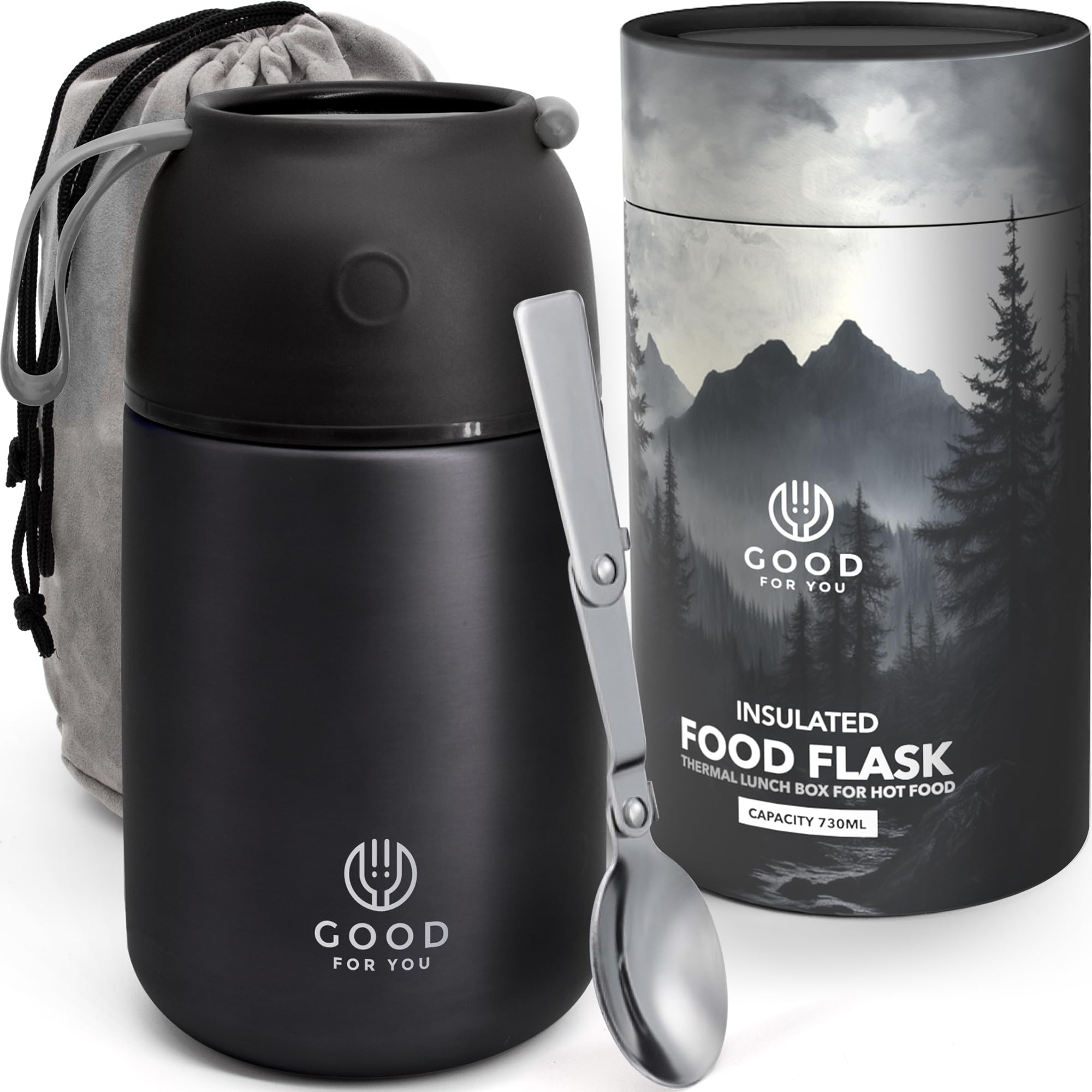 Good For You Black Powder Coating - Thermal Food Flask For Hot Food, Soup Containers, Ideal As A Thermal Lunch Box, Soup Flask Or Food Warmer Lunch Box - Stainless Steel Insulated Hot Food Flask - Black