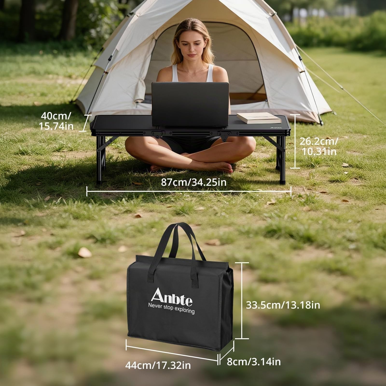 Anbte Table de Pique-Nique Pliante Basse 87x40x26cm, Noir | Aluminium Renforcé avec Sac de Rangement, Poignée Portable, Légère, Supporte jusqu'à 30 kg, pour Camping, Plage, BBQ
